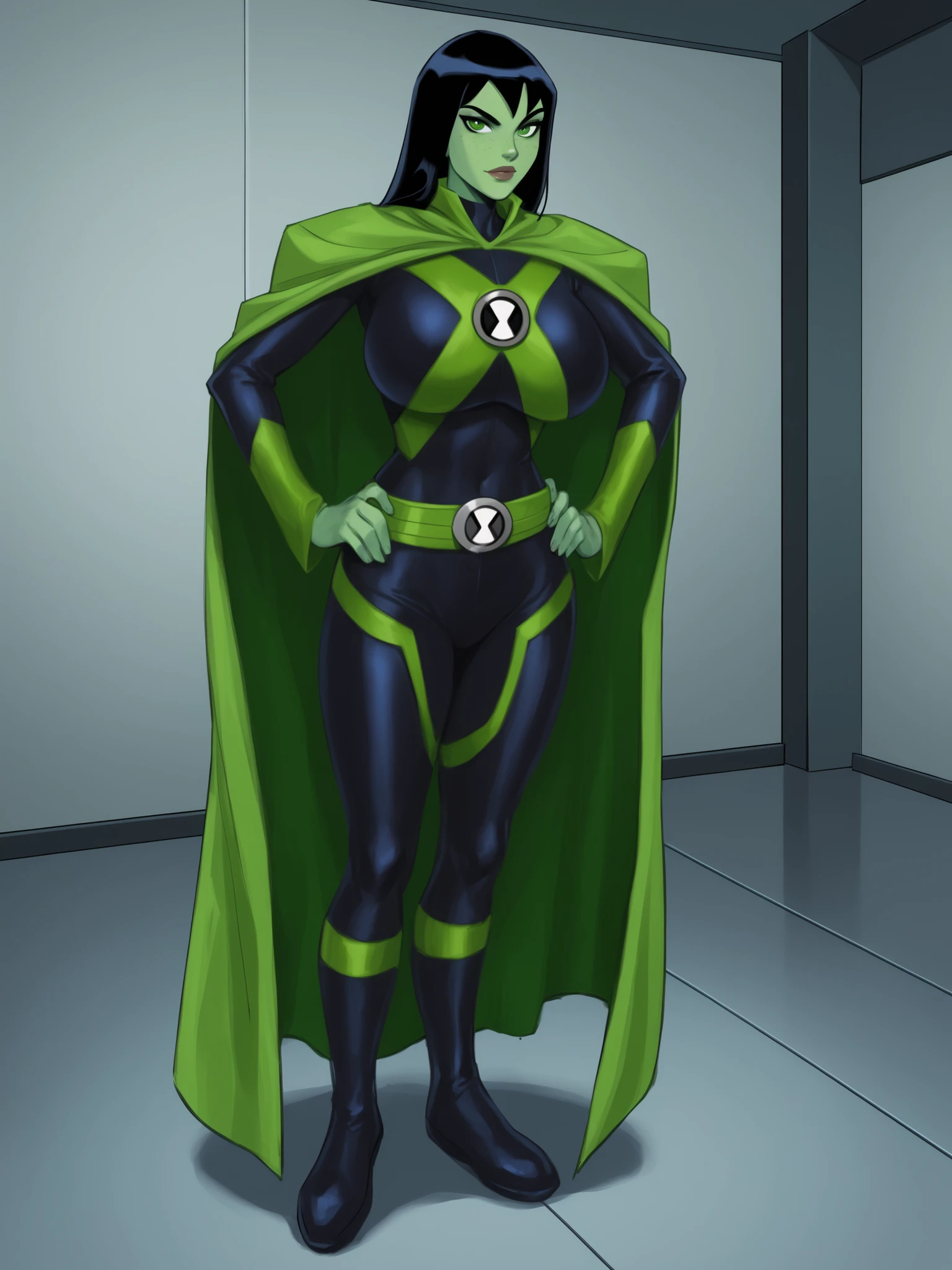 masterpiece、high quality、high image quality、detailed face, (masterpiece), (perfect-all), BREAK (perfect anatomy, perfect eyes), BREAK mgann morzz, long hair, black hair, colored skin, green skin, freckles, green eyes, makeup, ((looking at viewer)), superhero, long sleeves, cape, green cape, athletic, standing, hands on hip, indoors, tomboy, pants,Miss Martian - Young Justice, black pants, bodysuit, multicolored bodysuit, black bodysuit, green bodysuit, absolutely huge breasts, belt, green belt, ben10,lines(green 1:1)