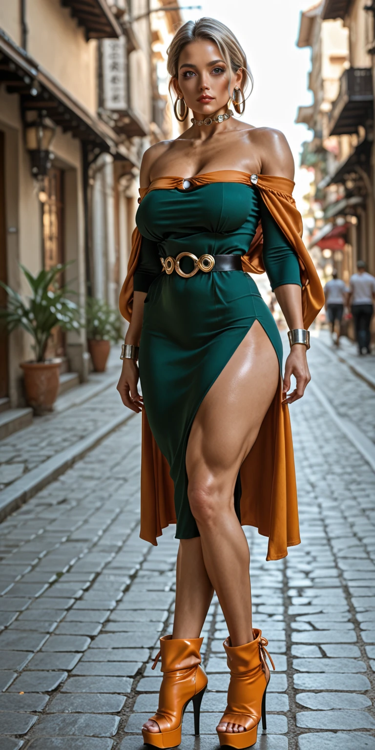 Chun Li de Steet Fighter vistiendo un ajustado traje blanco., Marco delgado, pecvhos desnudos, Piernas flacas, pecho mediano, belleza del cabello rojo, fondo de la ciudad ciberpunk, sosteniendo una pistola espacial retro, diadema verde, cintura delgada, muslos delgados, muslos flacos, muslos delgados, muslos delgados, brecha del muslo, brecha del muslo,
