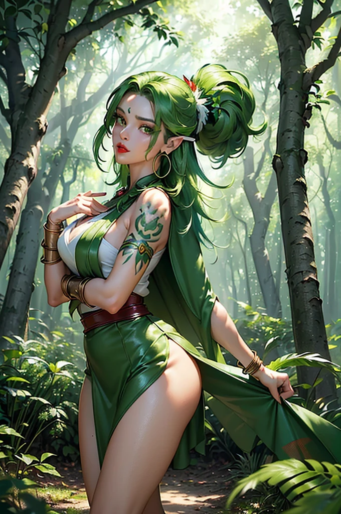 1girl, ((White hair, red eyes, long braids fox ears,) small breast, morning, forest, scenery, cinematic light, detailed illumination, a lot of leaves, tattoos, glowing skin, masterpiece, forest, vines and flowers all over body, forest, beautiful pose, dryad outfit, leaf outfit,detailed face, detailed eyes, detailed handssexy woman,elf girl, full body