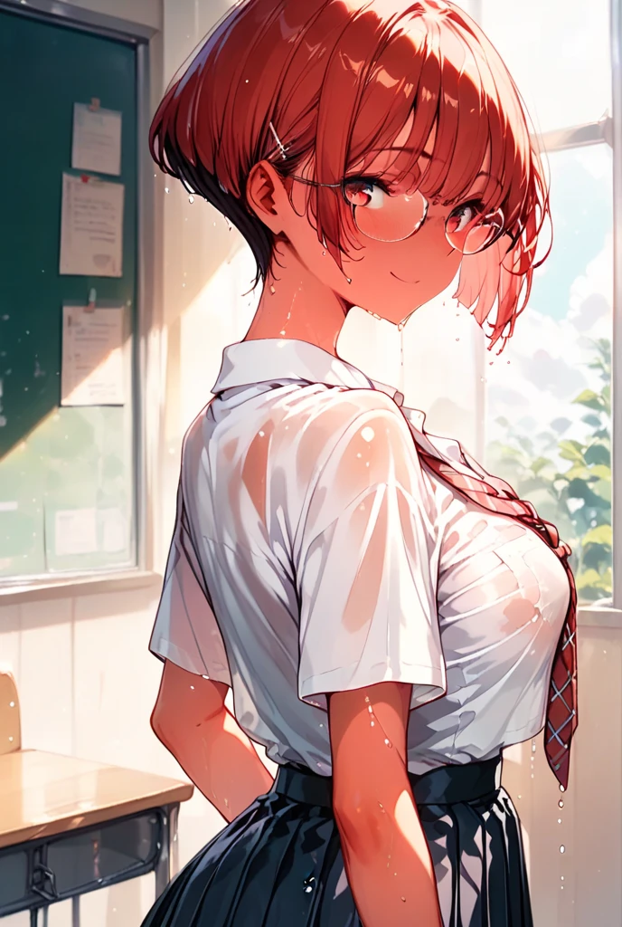 Ayumi Yoshida, elementary student, kawaii, cute, small and short, ((short briaded hair)) angry expression, sitting in a classroom, visible vagina, exhausted. Open shirt, open clothes, visible chest and breast, small breast, visible navel ((spread your legs:1.2)). Evening sun. Pregnant. ((Cum:1.2)).