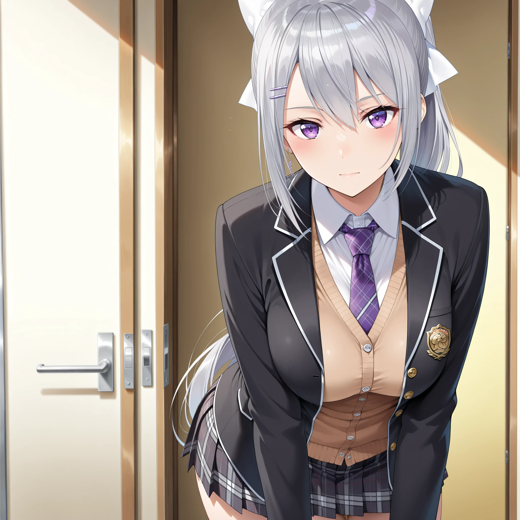 highest quality、masterpiece、((1 girl:1.5))、(())、(blush:1.5)、(smile)、((fun!!))、cute、Dog ears、(Silver Hair)、、high school girl、((classroom:1.5))、()、、Kamimei、look at me、(No underwear:1.3)、((Shaved:1.5)), ((Red bow tie, , Black jacket, Open jacket, White cardigan, White shirt, Black Skirt, Checkered Skirt、Black socks))、 (No underwear:1.3)、((Shaved:1.5))、(highly detailed closed labia:1.5)、((Peeing is occurring:1.8))、peeing、Light blue eyes、long hair