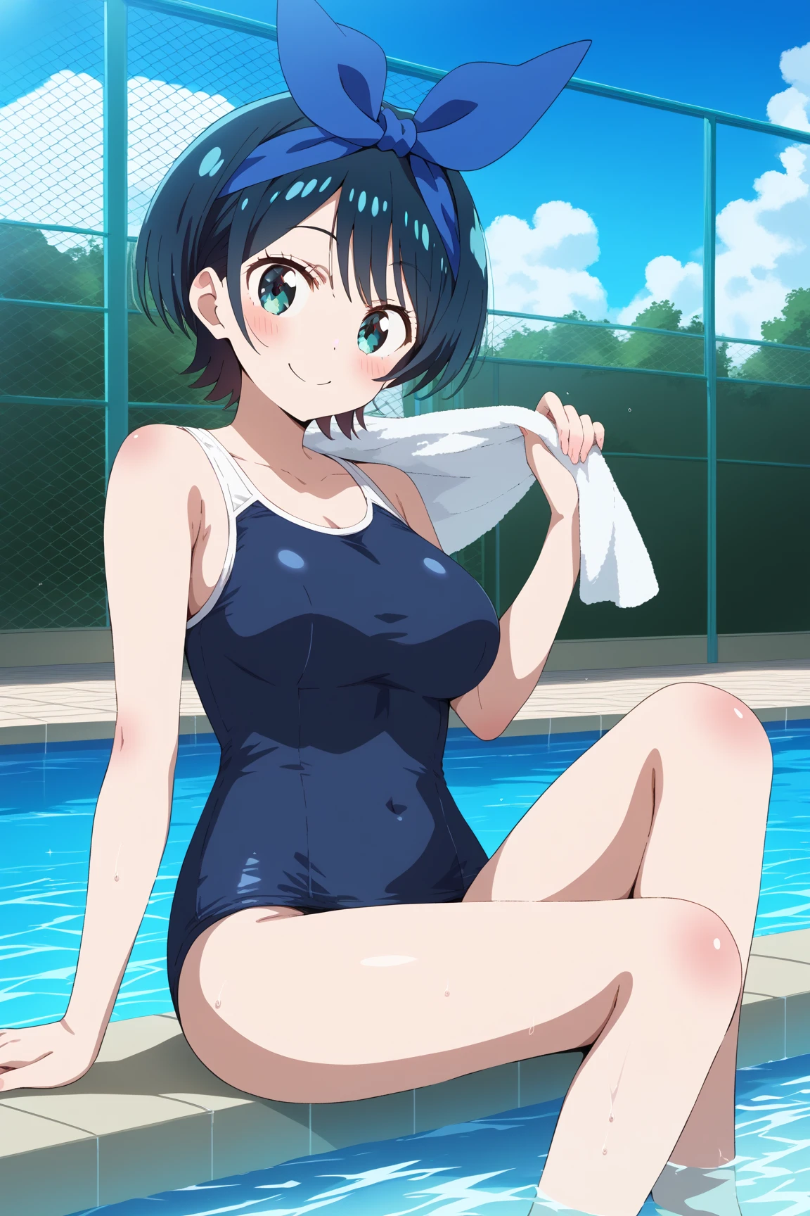 ((beautiful face)),1girl ,20s,mature female,short hair,blue hair,oni horns,(white background, line drawing),school Swimsuit,runing,scared,holding books,wet body.full body