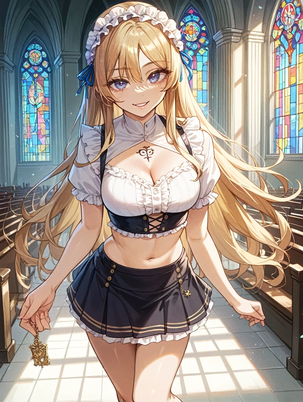 debris flies, highest quality, Highly detailed CG Unity 8K wallpaper, sexy witch , long dark blonde wavy hair、off shoulder knit, dark blue pleated skirt, stockings、medium breasts, saggy breasts, Pose that emphasizes the chest, blush, shy smile, bare shoulders, (pink lace panties、pink good、open your legs wide)、、nice magic book、Cathedral of the Church、Put your hand on the pillar and turn around、stick out your butt、、