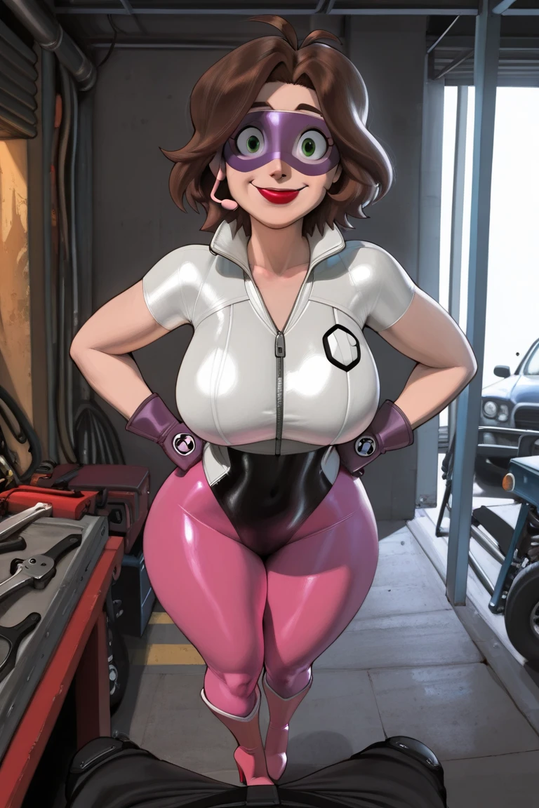 high quality, best quality, beautiful, perfect lighting, detailed face, mature face, ((1girl)), ((solo)), Imagine Ochaco Uraraka as an adult, 45 years old, motherly, mom, MILF, plus sized milf, short brown hair, brown eyes, ((blush)), smile, looking at viewer, black leather pants, dark blue shirt, white belt, white heels, ((medium breasts)), wide hips, thick thighs, chubby, love handles, muffin-top, round belly, living room, hands on hips, 