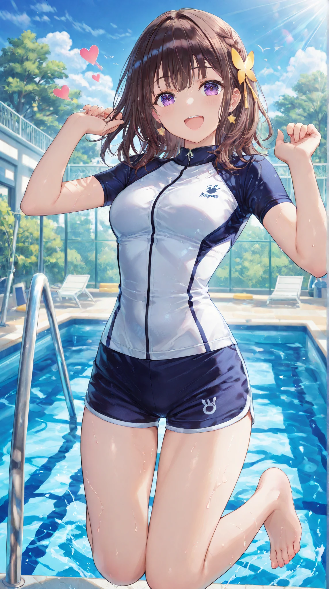 (masterpiece,highest quality,超A high resolution),japanese woman, (((very beautiful 14 year old girl))), pretty girl、look at the photographer､  ((beautiful low ponytail)), super cute face, glossy lips, double eyelids in both eyes,natural smile、 natural makeup, long eyelashes, Shiny and smooth hair､center image,  perfect limbs, perfect anatomy,(((Navy blue school swimsuit with skirt))、pool,,night