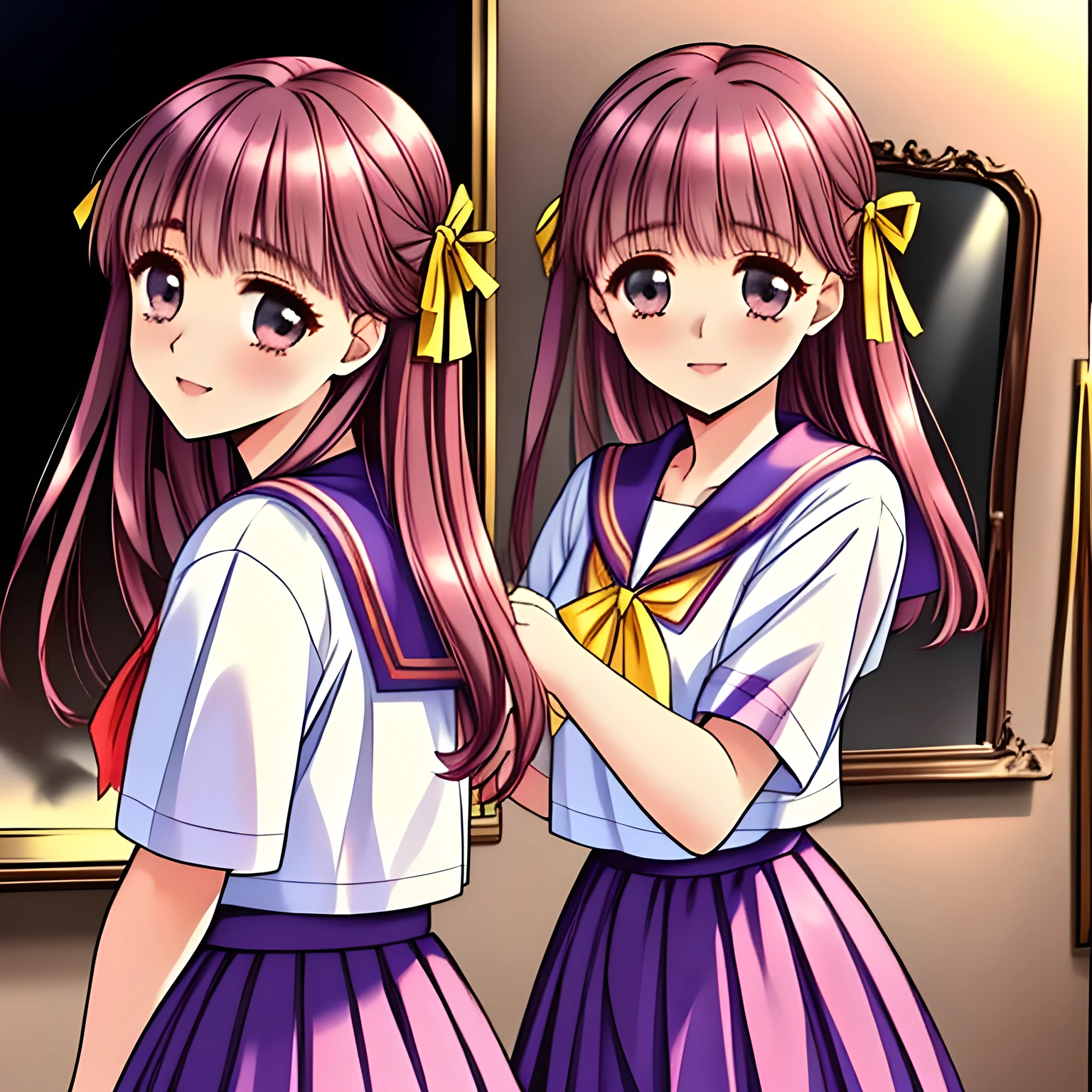 (highest quality, masterpiece:1.5), highest quality, High resolution, 1080p, 8K, (Too beautiful, Sakuragi mai, Girl's love-story comic heroine, ((Too much beloved)) noble grown beautiful beautiful lady with detailed is in a mirror-room : 1.4), (Happy face with unreal beauty: 1.0), ((Neatest (Sakuragi Mai)'s sailor-style school uniform and skirt: 1.6)), (Too beautiful dreamy eyes charm me), (Nothing background except darkness: 1.8), ((purity and neatness is very impressing): 1.8), (Half body shot: 1.0), (Beautiful blue eyes), (shiny pink super-long wavy hair), (golden ear accessories and pendant), (Diamond rings)