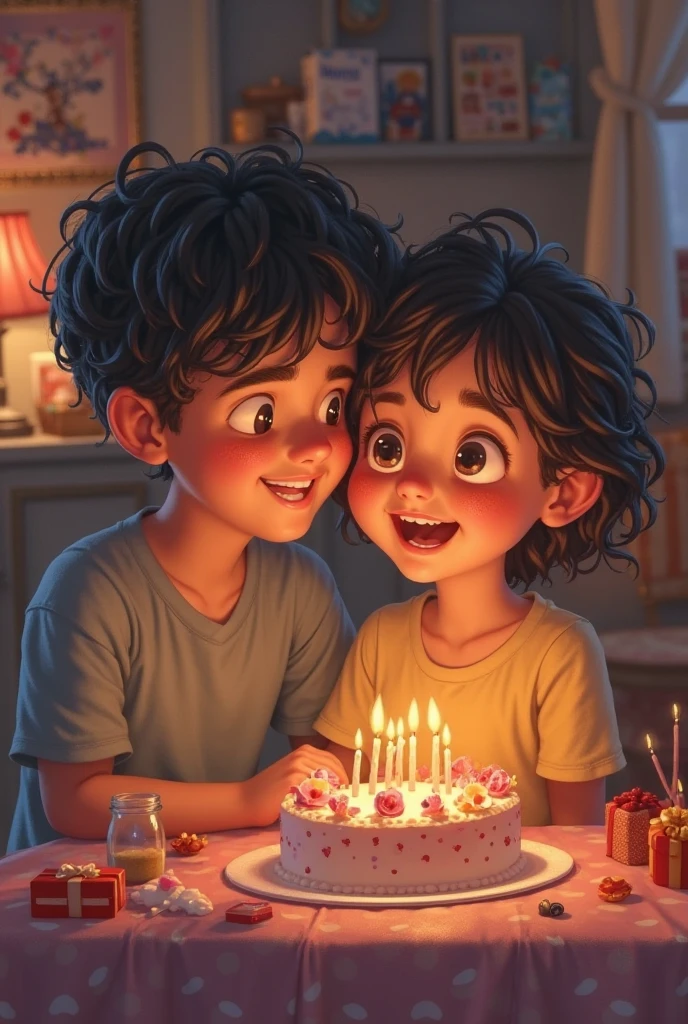Happy Birthday, a boy and a girl who are hugging each other like friends and not in a children's theme and this one is blowing out the cake and the.Please applaud the birthday boy not on a children's theme