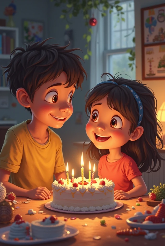 The big brother surprise his sister to his give a cake