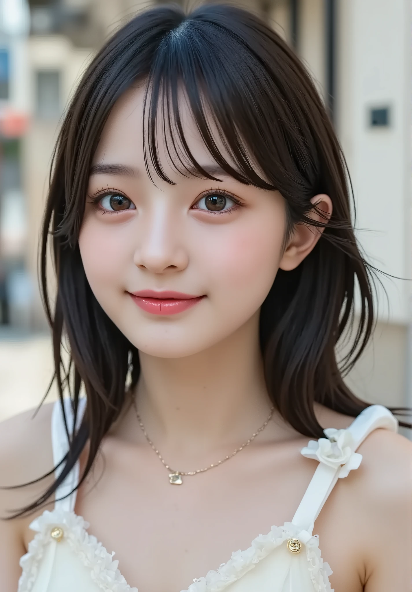 masutepiece, Best Quality, One girl, (a beauty girl, Delicate girl:1.3), (16 years old:1.3), Very fine eye definition, ),smile、Beautiful teeth alignment、Light brown hair、Long sleeve blouse、Ear piercing、necklace, , face focus、Background building passage