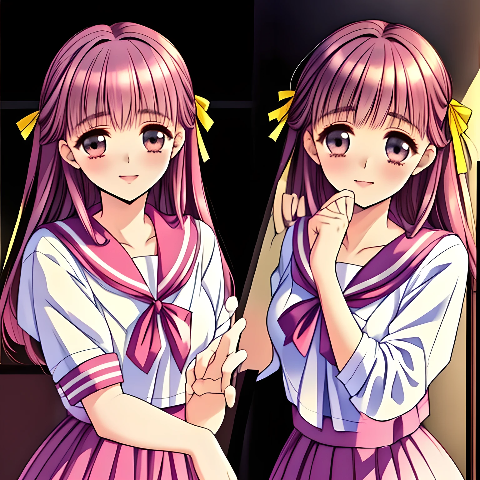 (highest quality, masterpiece:1.5), highest quality, High resolution, 1080p, 8K, (Too beautiful, Sakuragi mai, Girl's love-story comic heroine, ((Too much beloved)) noble grown beautiful beautiful lady with detailed is in a mirror-room : 1.4), (Happy face with unreal beauty: 1.0), ((Neatest (Sakuragi Mai)'s sailor-style school uniform and skirt: 1.6)), (Too beautiful dreamy eyes charm me), (Nothing background except darkness: 1.8), ((purity and neatness is very impressing): 1.8), (Half body shot: 1.0), (Beautiful blue eyes), (shiny pink super-long wavy hair), (golden ear accessories and pendant), (Diamond rings)