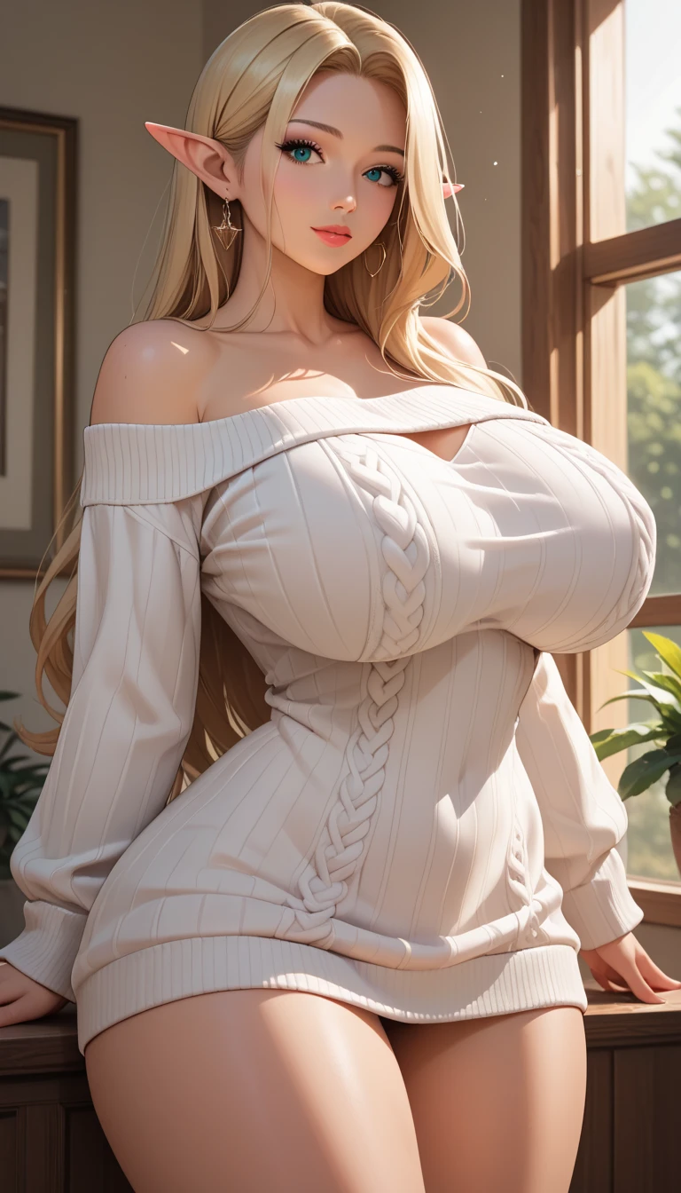 Best quality, masterpiece, ultra high res, raw photo, beautiful and aesthetic,deep shadow, dark theme,(ultra detailed:1.3),
1girl, sitting pose, Headdress, (beautiful face, detailed eye:1.2), embarrassed, (busty breasts, gigantic breasts:1.1), drill hair, long hair, blonde hair, gradient hair, yellow eyes, solo, big hair, blue hair, divine goddess, looking at viewer, indoors, bedroom, astraea, full body, ((crop top, underboob)), light blue sweater, grey short skirt,