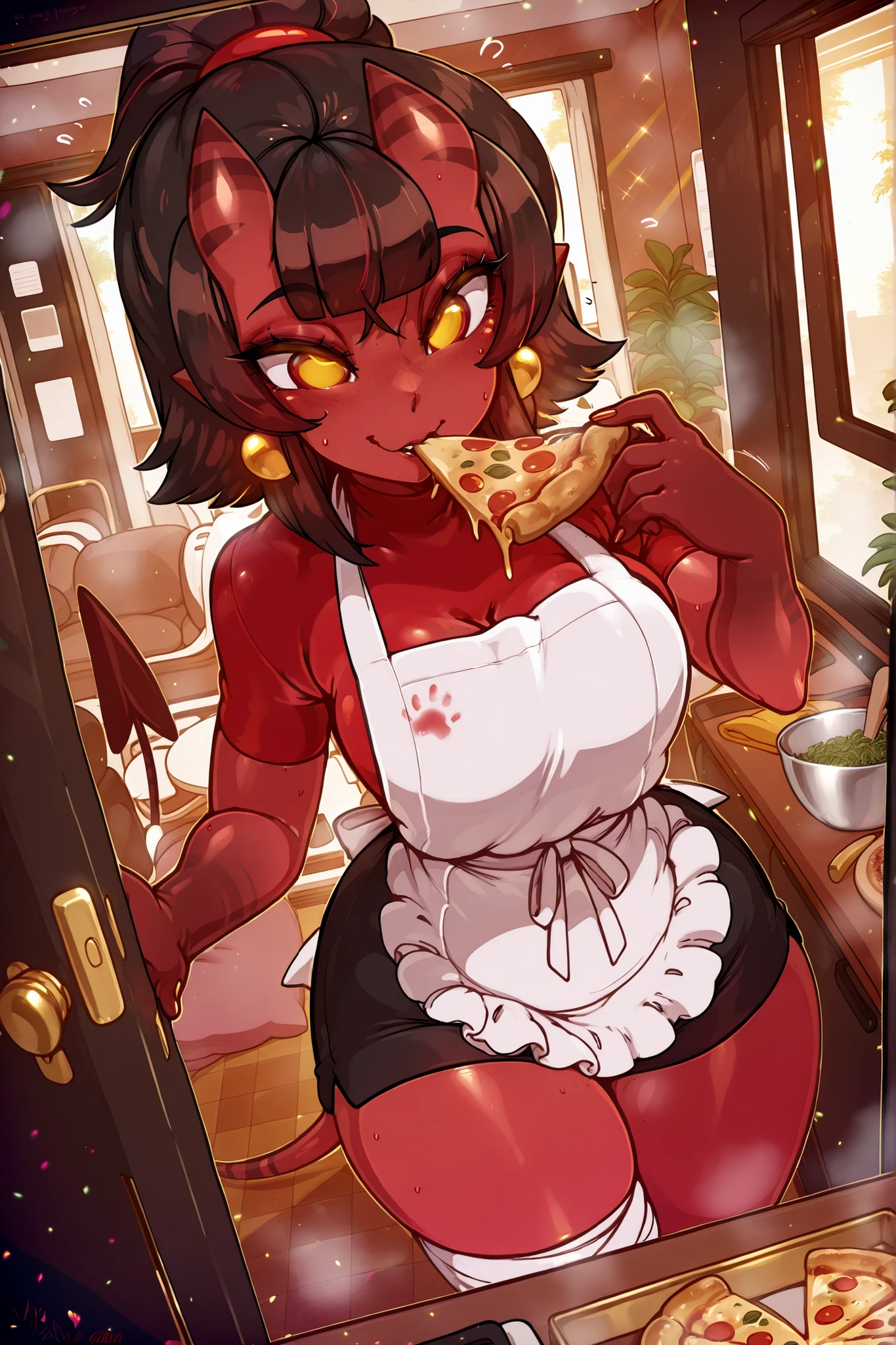 Beautiful picture), (Masterpiece), ((((Solo)))), ((big breasts)), (curvy), (sexually suggestive), (wearing latex bunny suit), perfect hands, sexy legs, (pouting), (bored), (holding a tray of food), (stockings), (demon horns), at a restaurant, (tight clothes),