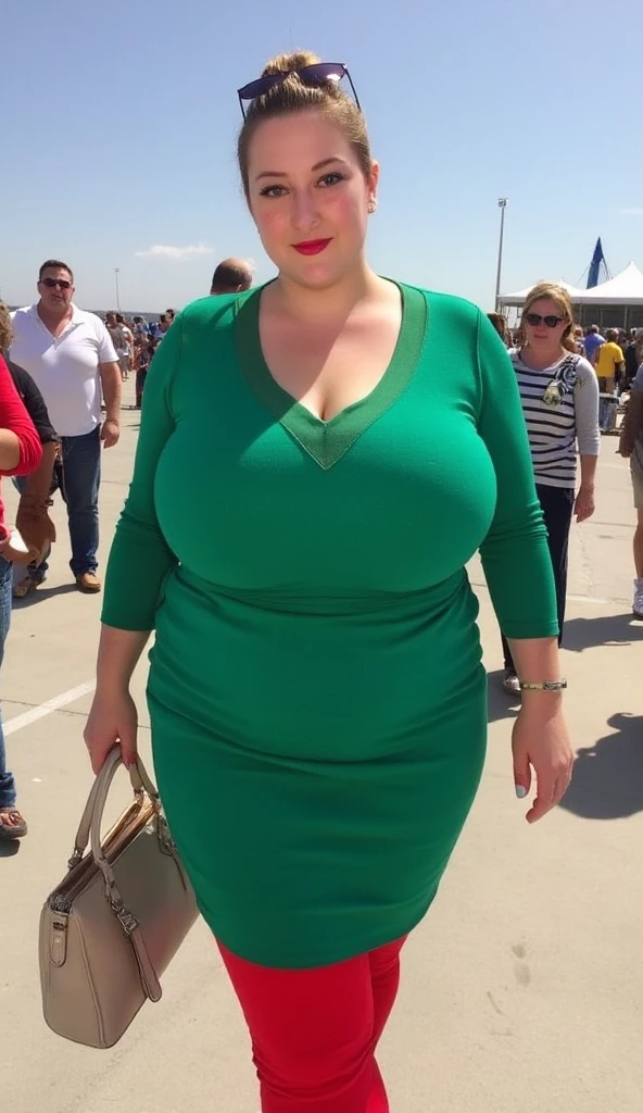 (background is a busy red carpet movie premiere:1.5),  photorealistic, (minigirl:1.5) (thicc:1.3) (Christina Hendricks:1.5) (sitting inside an oversized old-fashioned stroller:1.4) and wearing a (tight bright green dress:1.3), (enormous breasts:1.5), high heels,  nsfw, 