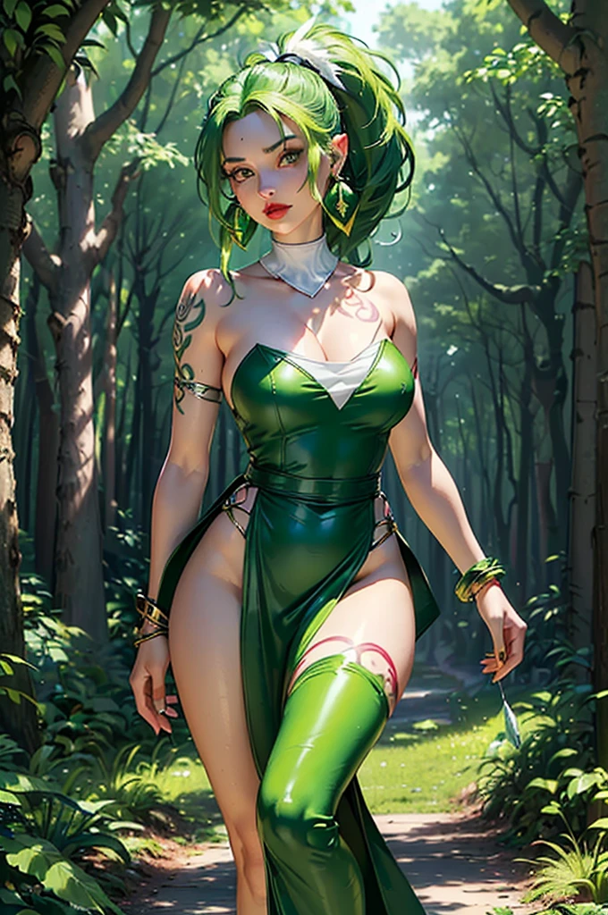 (masterpiece)),(((best quality)),((character design sheet, same character, front, side, back)), illustration, 1 girl, short green hair, hair in eyes, beautiful green eyes (detailed eyes), environment Scene change, pose too, female warrior, green armor with tree leaves, holds a sword, (simple background, white background: 1.3)