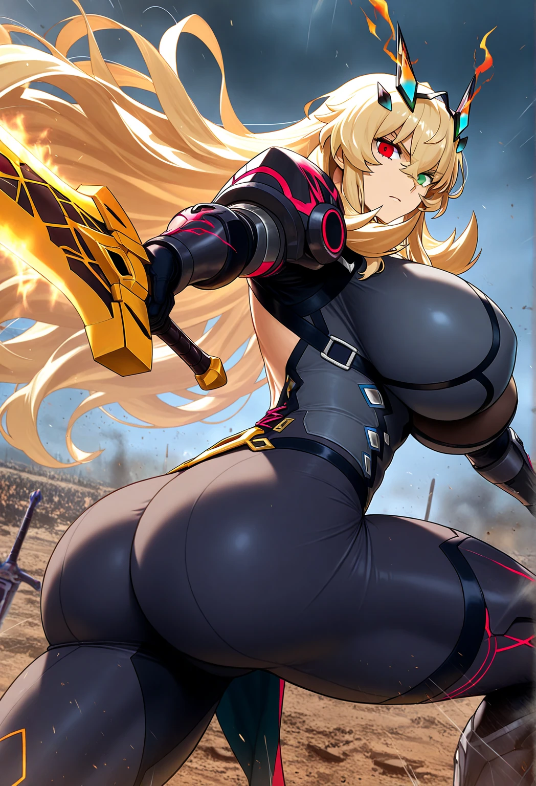 (Masterpiece:1.5), (best qualtiy), (highly detailed), (Ultra-detailed), (1girll:1.2), (full bodyesbian:1.2), (young girl), (Blonde hair), (Weapon in hand), (War battle scene), (Bloody atmosphere), (Smoke), (Fire), (dead body), (Chaotic background), (blasts), (Torn clothing), (determined expression), (Sweat and dirt), (Injured), (Dynamic pose), (Broken armor), (Burnt landscape), (Fighting stance), (Smoldering fragments), (Flames:1.3), (Battle cry), (Voice of War:1.1)