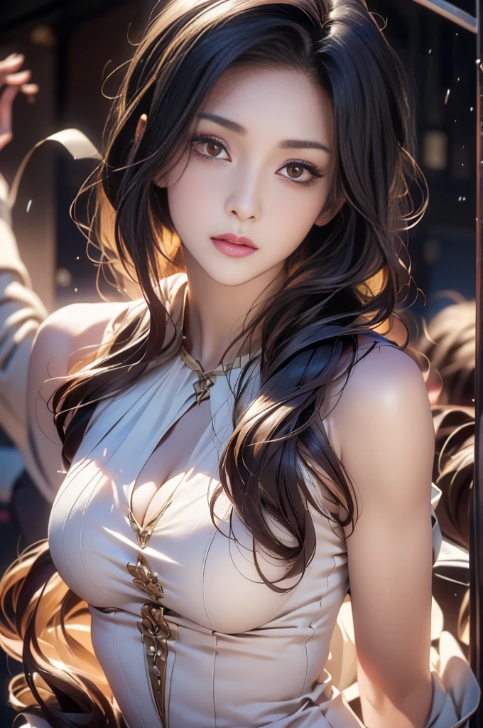 ((masterpiece,Highest image quality, High resolution, photorealistic, Raw photo, 8K)), Ultra Wide Angle,(soft make-up),(sexy smile:1.5), Colored inner hair, Long gray hair:1.5, (Long unkempt hair:1.3), Complex hairstyles, complex eyes, Beautiful and delicate eyes, symmetric eye,(spider lower abdomen, athletic body build, beautiful legs, Detailed body), Cute big breasts,(dynamicposes:1.0),Embarrassing,(Located in the center, Scale to fit the dimensions, the rule of thirds), particularly eye-catching, during the night, star night, kosmos, artsy photography, Focus sharp, (realistic artwork),(extremely detailed's CG unified 8k wallpapers),((Synthetic wave background theme)),(((vibrant with colors))),(intricate background), It's a perfect face, Perfect facial detail, Realistic face, Evening Pond, Silhouette of a woman bathing in the backlight,