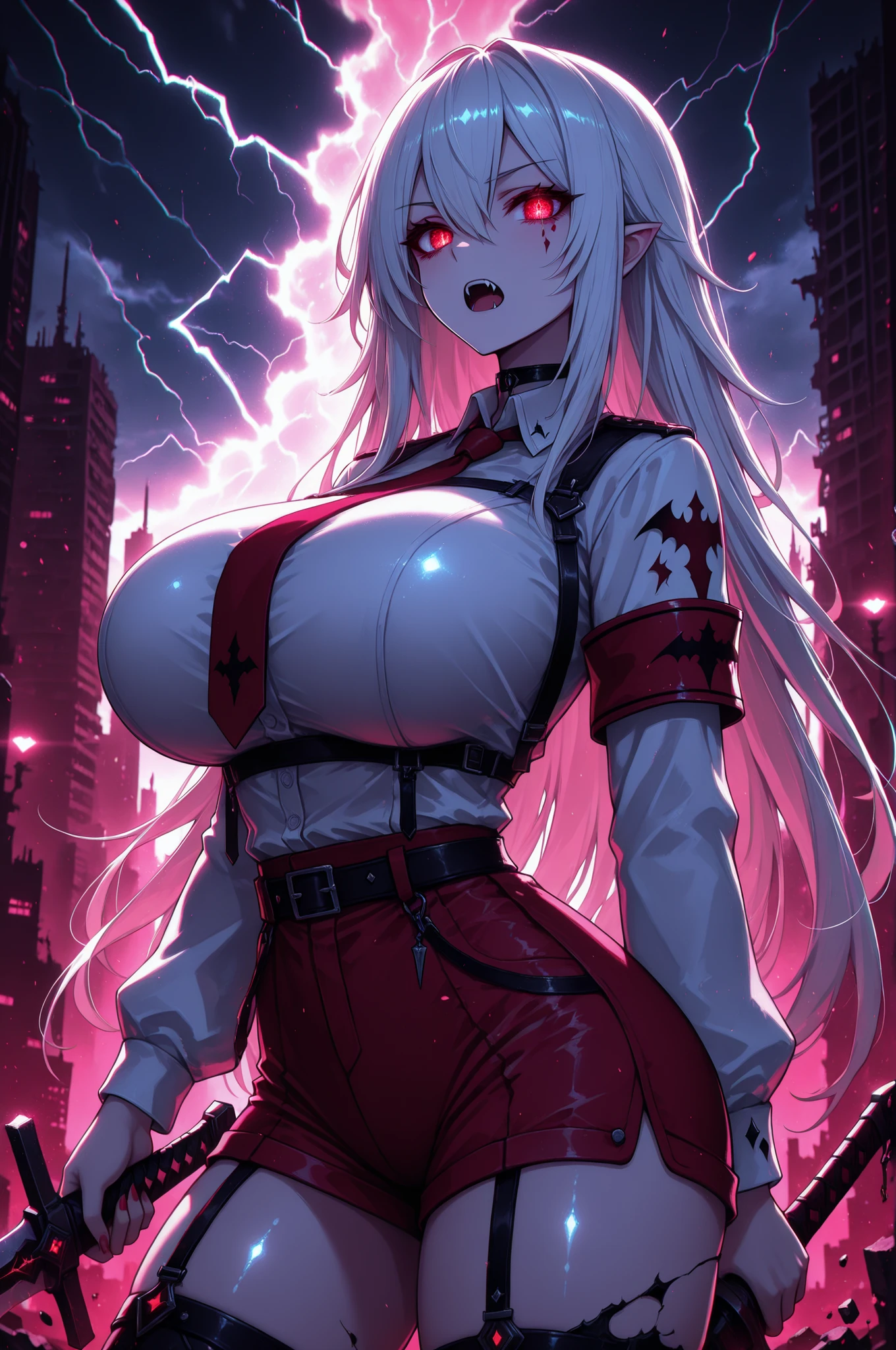 long white hair, vampire, glowing detailed red eyes, uniform, white shirt, tie, red shorts, holding sword, 1girl, solo, vampire fangs, huge breasts, ruined futuristic city, dystopia, lightning storm, pink lighting, volumetric lighting, cinematic lighting, masterpiece, best quality, amazing quality, very aesthetic, absurdres, newest,