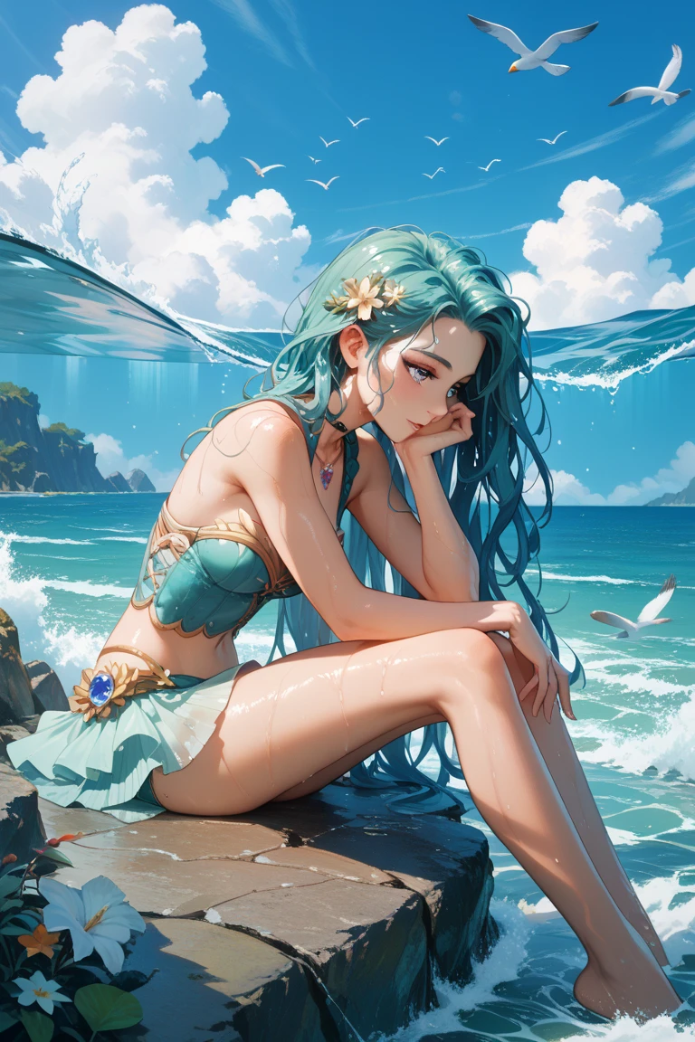 (best quality,ultra-detailed,realistic),portraits,medium:oil painting,(HDR,studio lighting),vivid colors,sharp focus,physically-based rendering,(A lovely siren),beautiful detailed eyes,beautiful detailed lips,extremely detailed eyes and face,long eyelashes,(light green skin),(aquamarine eyes),blue-green color tones on the face,(coke bottle figure),(blessed proportions),(sea foam green hair ankle length),flowing hair,(dressed in tatters),tattered clothing flowing in the wind,(age 20),serene expression,graceful pose,emerging from the ocean,sparkling water droplets on skin and hair,faint shimmering scales on the legs,gentle waves in the background,strands of seaweed entwined in the hair