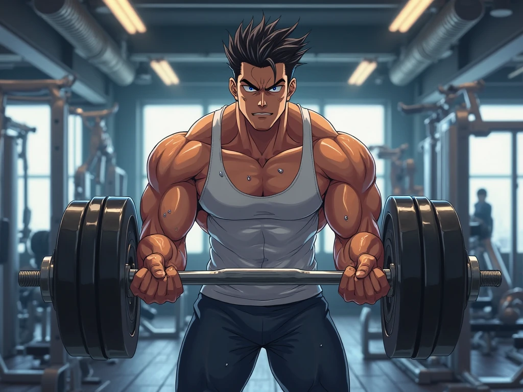 A Filipino male, sweat dripping from his forehead, works out at the gym with an intense focus. His toned, muscular chest is exposed, sweat glistening on his stubble-covered pecs. His thick eyebrows furrow as he pushes himself to the limit, the veins on his arms bulging with each lift. His clothes are discarded nearby, revealing his ultra-detailed abs and hyperdetailed biceps. The gym mirrors reflect his dedication, every muscle defined in high resolution. His hair, short and dark, is slicked back from his face. His eyes, bright and determined, never leave the weights he's lifting, his gaze unwavering. His focus