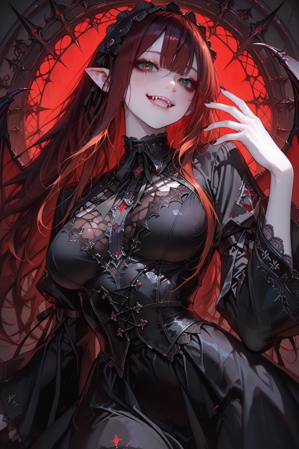 best quality,masterpiece, an extremely delicate and beautiful, CG,extremely detailed ,highres, extremely detailed,depth of field, 1girl,beautiful detailed girl,(Blood red hair),long_hair, beautiful detailed red eyes,(makeup:1.2),Red lips,light on face,(seductive smile:1.2),big breasts,(thigh),red Torn pantyhose,red torn dress,(full body blood),flower tattoo on breasts,Bleeding wounds,Bleeding from knife wounds,(cowboy shot:1.2),Red spider lily