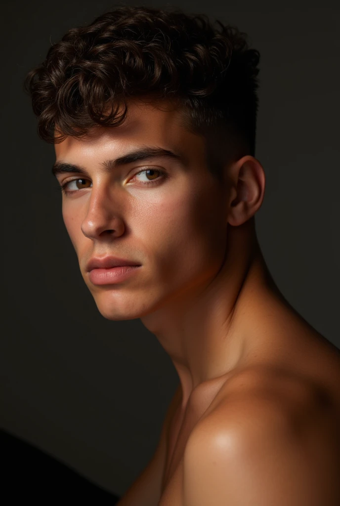 20 year old man, dark skinned , hair with brown curls to the middle of the neck, slightly almond brown eye, with sharp, thin nose and sharp jaw, thin and pink lips, his body is just a little muscular, with marked collarbones. Very manly facial features 