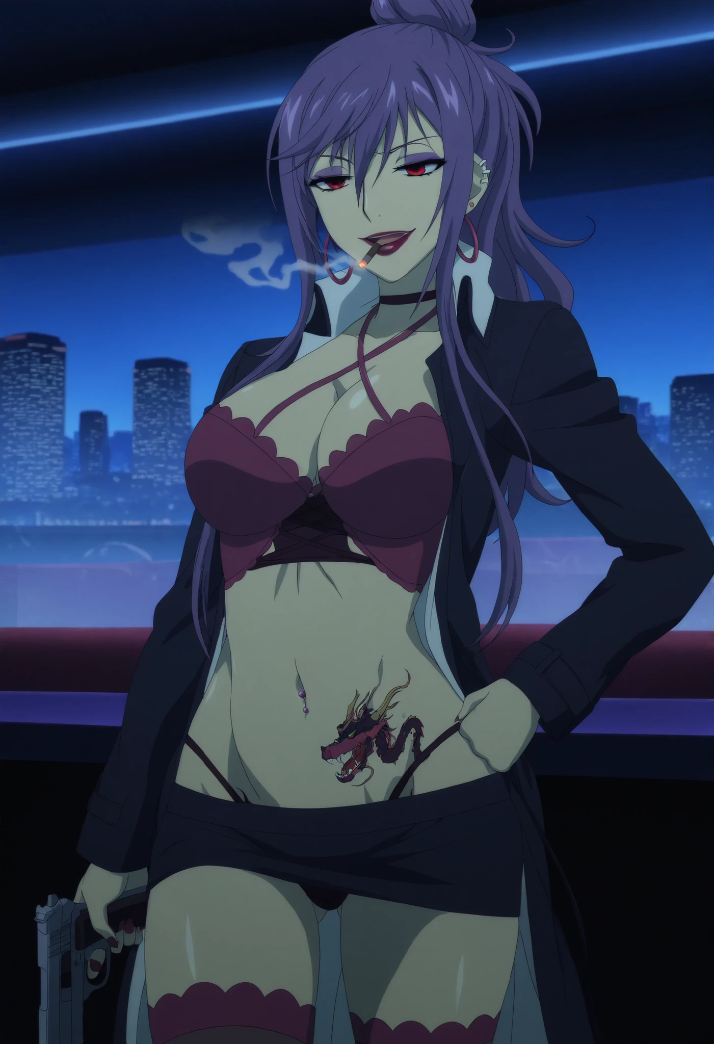 gigliolastb
long hair,purple hair, hair between eyes, hair bun,ponytail,red lips,red eyes,purple eyeshadow, jewelry earrings, black coat ,panties, thighhighs, , ear piercing, long hair, , lipstick,Hot girl, baddie, smoking, sensual, attractive ,bar background, inside bar,indoors, cityscape, casino, nightclub, city lights, masterpiece,high quality,4k,belly,,holding pistol,cleavage, , smile, open mouth, (nsfw) not safe for work, evil expression,belly, exposed navel, exposed midriff, exposed lower belly, micro
miniskirt, micro pencil skirt, pencil skirt ,navel piercing, dragon tattoo on waist, narrowed eyes, tattoo on waist, anipai_style , anime screencap , anime coloring,
