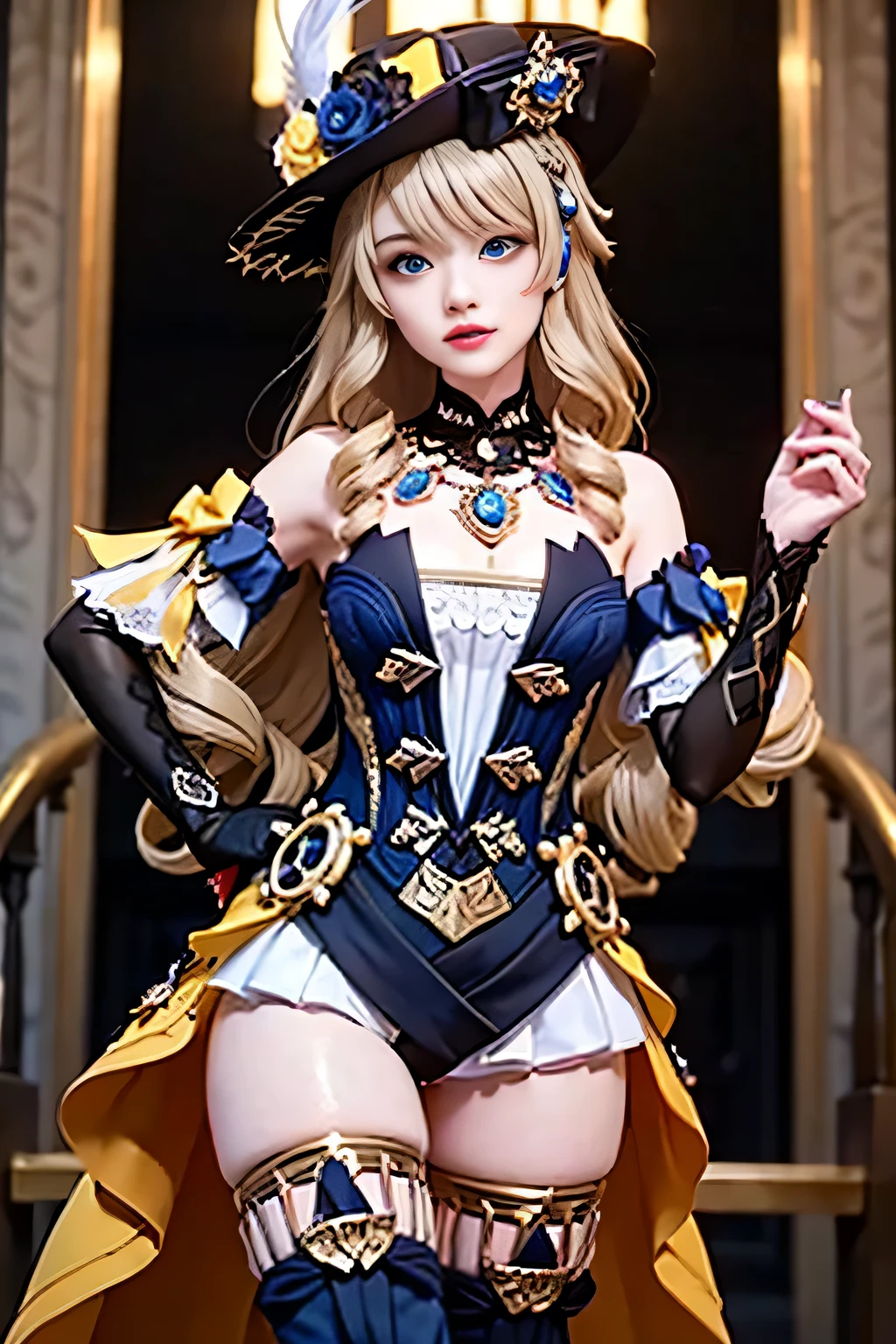 1girl, hat,blonde hair, long hair, drill hair, twin drills,blue eyes, jewelry, flower,   shoulders,  black gloves,dress, thighhighs,  thigh boots, boots,Navia \(genshin impact\),embroidered hat,blue jewel headdress on the left,blue eyes,blonde hair,hat flower,hat feather,drill hair,dark red eye shadow and lipstick,jewelry,navia_gi,1girl, hat,blonde hair, long hair, drill hair, twin drills,blue eyes, jewelry, flower,   shoulders,  black gloves,dress, thighhighs,  thigh boots, boots,小さな顔、小さな頭、、痩せてる、細い腰、細い脚、実写、スーパーリアル、スーパーリアルフォト、 最高品質, 高品質,  高解像度, , 現実的な, 非常に詳細な, 高詳細, 、全身写真、お城の中