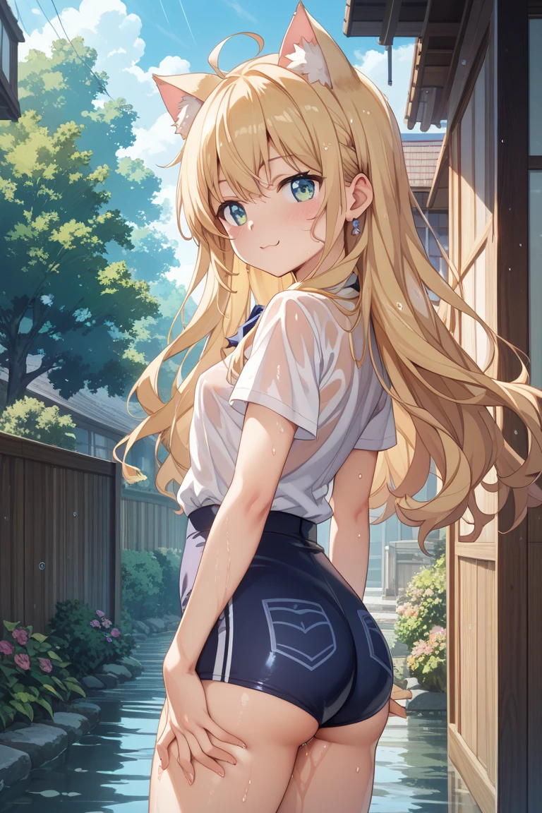Realistic、1house wife、blonde hair、twin tail, (eye focus:1.3,face focus),(Gradient eyes:1.3),(sexy panties, skirt
)、open mouth,(grin:1.3),forehead,cute face、((Big Ass, 美しい太もも)),((後ろから振り返った姿))