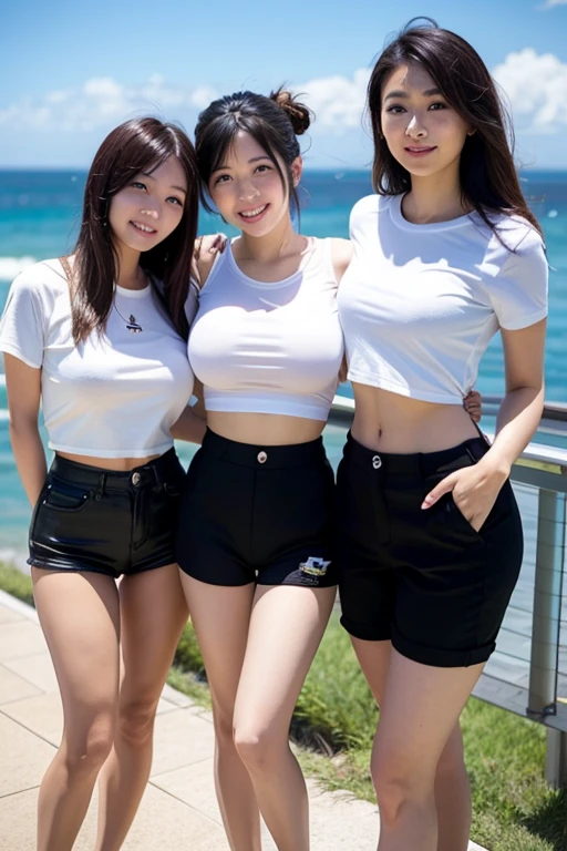 Have by the sea，(Photorealsitic)Three beauties, (8K beauty full body portrait), （Three people stood, happy laughing，Perfect facial detail, Attractive beautiful face, 二重まぶた, Beautiful detailed eyes, long eyelasher）, (Smile: 1.55), ligh brown hair, short  cut, toyko, young ,3 women,best qualtiy， tmasterpiece， A high resolution，8K，（realisticlying：1.5），Three girls， ultra - detailed， hyper realisitc， highly detailed CGillustration， offcial art， cinematric light， Realistis， Three young and beautiful girls， perfect body figure（curvy hourglass figure） （beautiful thick female, Thick body）（ Curvy body, Curvy model ）（alluring plus sized model ）perfect body figure， full pov， Perfect body， （Starting below：1.3）， lewd poses，  self-assured，Grey turtleneck short sleeved T-shirt（Not exposed，No light，No violation）， Abdomen not shown， White yoga shorts， S-shaped body， Different Perspectives，