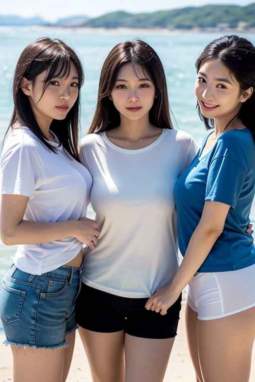 3 Korean women dancing on the grassland, 1.65 meters tall, (masterpiece, beautiful people, smiles), Virtual YouTube, cheerful play, their eyes are firm and hopeful, behind them is a blue sky, ponytail, fringed head, shorts, denim shorts, detailed skin texture, detailed cloth texture, exquisite and detailed face, masterpiece, slim waist, slim body, shot from bottom to top,