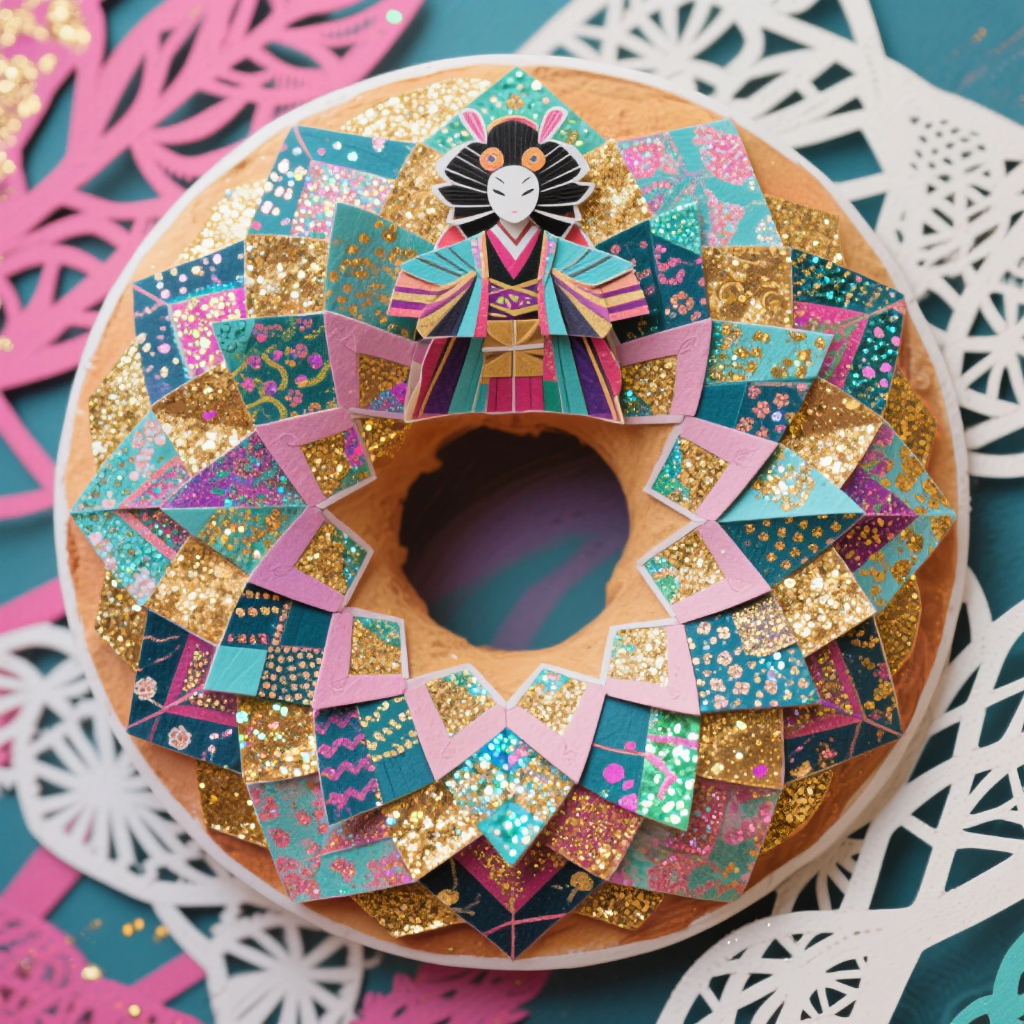 Ring shaped frames (The center is a black cavity.), collage art, patchwork art, A beautiful Shikigami made from Japanese paper, a kaleidoscope made from glittering, colorful fluorescent paint and gold dust, background fusion of paper cutting and printmaking