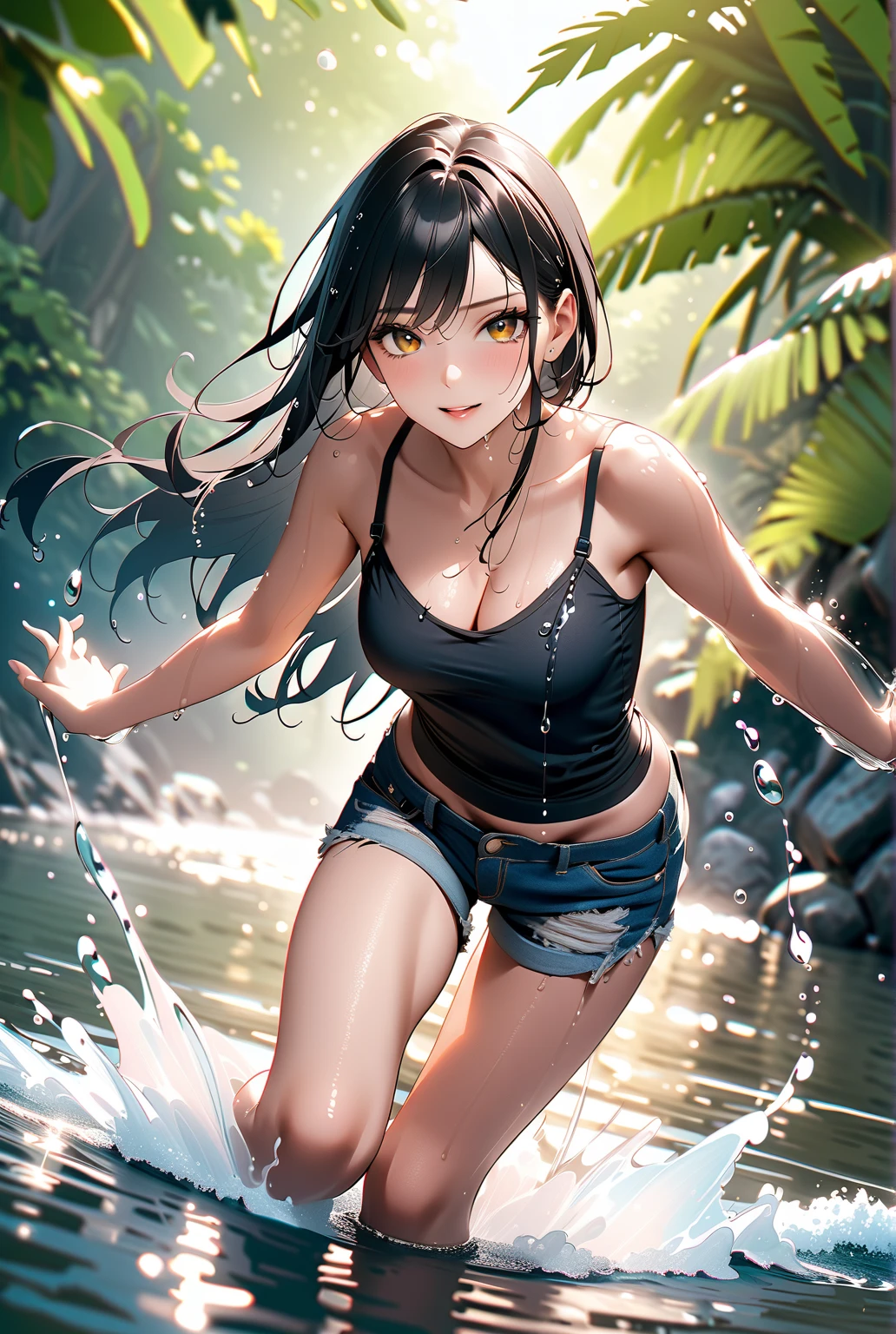 Portrait Of Stunningly Beautiful Girl, Petite, Brown Hair, Delicate Beautiful Attractive Face With Alluring Black Eyes, Sharp Eyebrows, Expressionless, Blush, Closed Mouth, Small Breasts, Blush Eyeshadow, Thick Eyelashes, Soaking Wet Clothes And Hair, See-Through Tank Top, Stiff Nipples, Open Navel, Straps Short Pants, Cloudy Rainy Sky, Standing At The Rural Village Bus Stop In The Pouring Rain, Village Gravel Road, Looking Up The Sky, Puddle Water, Rainy Foggy Rustic Scenery, (Highest Quality, Amazing Details:1.25), (Solo:1.3), Brilliant Colorful Paintings