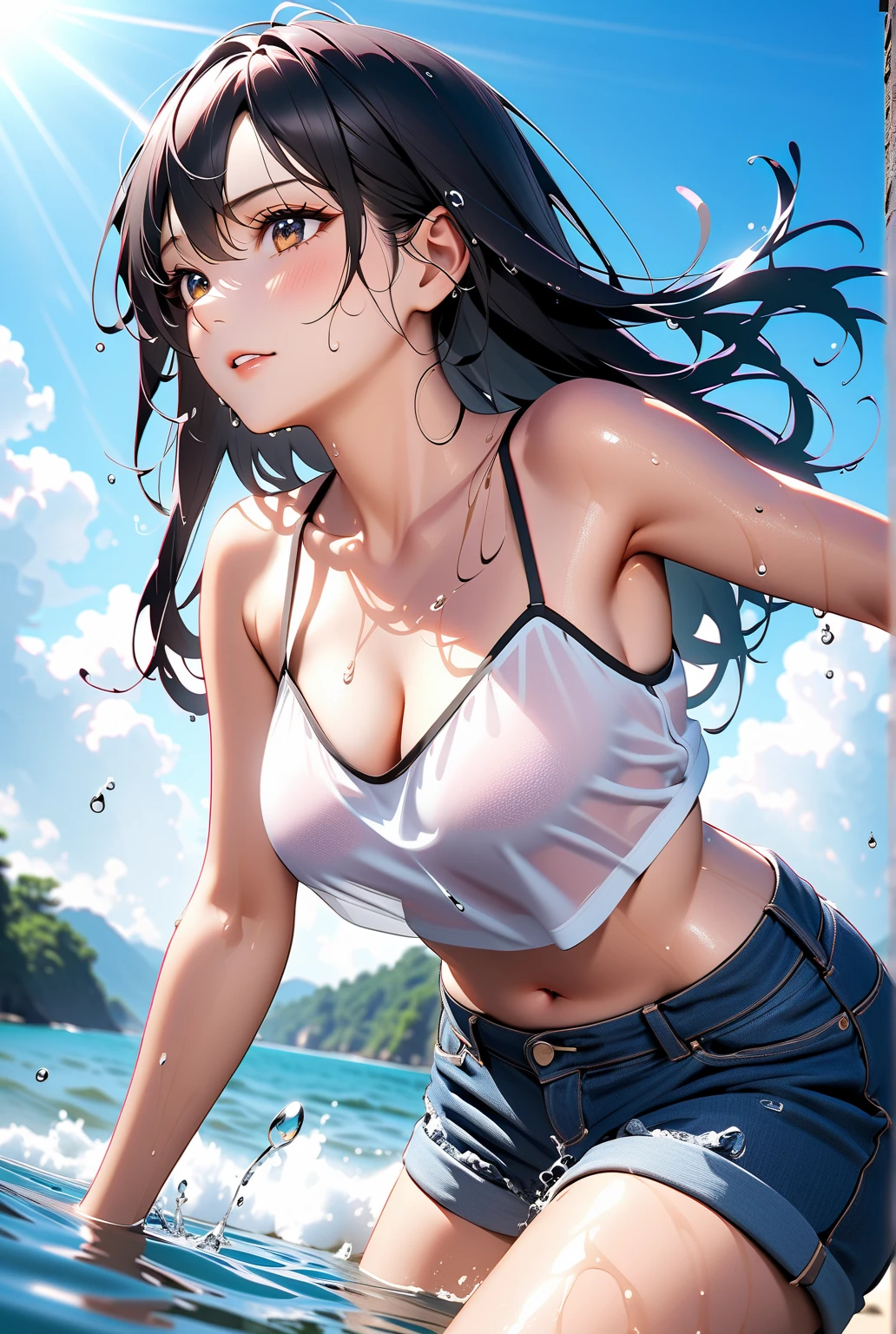 Masterpiece、最high quality、high quality、High definition、High resolution、High detail、Lens flare、Ray Tracing、high qualityのテクスチャー、high qualityの影、Beautiful details、Detailed explanation、Detailed texture、Realistic facial expression、Realistic and colorful、Delicate、Cinematic Light、Side light、Sharp Focus、(1 Girl:1.3)、(Intricate detailakeup、Pure Eros Face_v1:0.5)、(Details Beautiful delicate face、Detailed beautiful delicate eyes、Perfect Facial Proportions、Detailed skin、Charm)、Facial expression during orgasm、Fancy Shortcuts、Beautiful bangs、(Two-tone gradient hair color)、slender、(Upturned beautiful breasts)、Chest protrusion、(Detailed crotch、Open crotch、Showing off your crotch)、Clitoral projection、Female juice、Experiencing the best orgasm、(Spread your knees and open your legs)、(Raise your arm and make a peace sign)、White front opening shirt、Crop top、Thighini skirt、Flip up、High slit、White V-cut、White Thong、See-through、Low-angle composition、Sandy Beach、Beach、(Take a deep breath、Work on this image step by step)