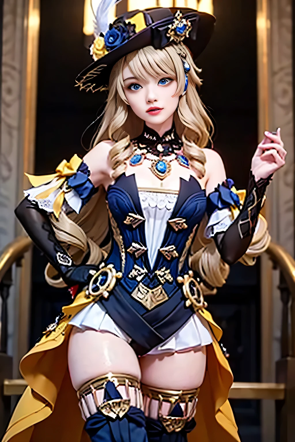 1girl, hat,blonde hair, long hair, drill hair, twin drills,blue eyes, jewelry, flower,   shoulders,  black gloves,dress, thighhighs,  thigh boots, boots,Navia \(genshin impact\),embroidered hat,blue jewel headdress on the left,blue eyes,blonde hair,hat flower,hat feather,drill hair,dark red eye shadow and lipstick,jewelry,navia_gi,1girl, hat,blonde hair, long hair, drill hair, twin drills,blue eyes, jewelry, flower,   shoulders,  black gloves,dress, thighhighs,  thigh boots, boots,小さな顔、小さな頭、、痩せてる、細い腰、細い脚、実写、スーパーリアル、スーパーリアルフォト、 最高品質, 高品質,  高解像度, , 現実的な, 非常に詳細な, 高詳細, 、全身写真、お城の中