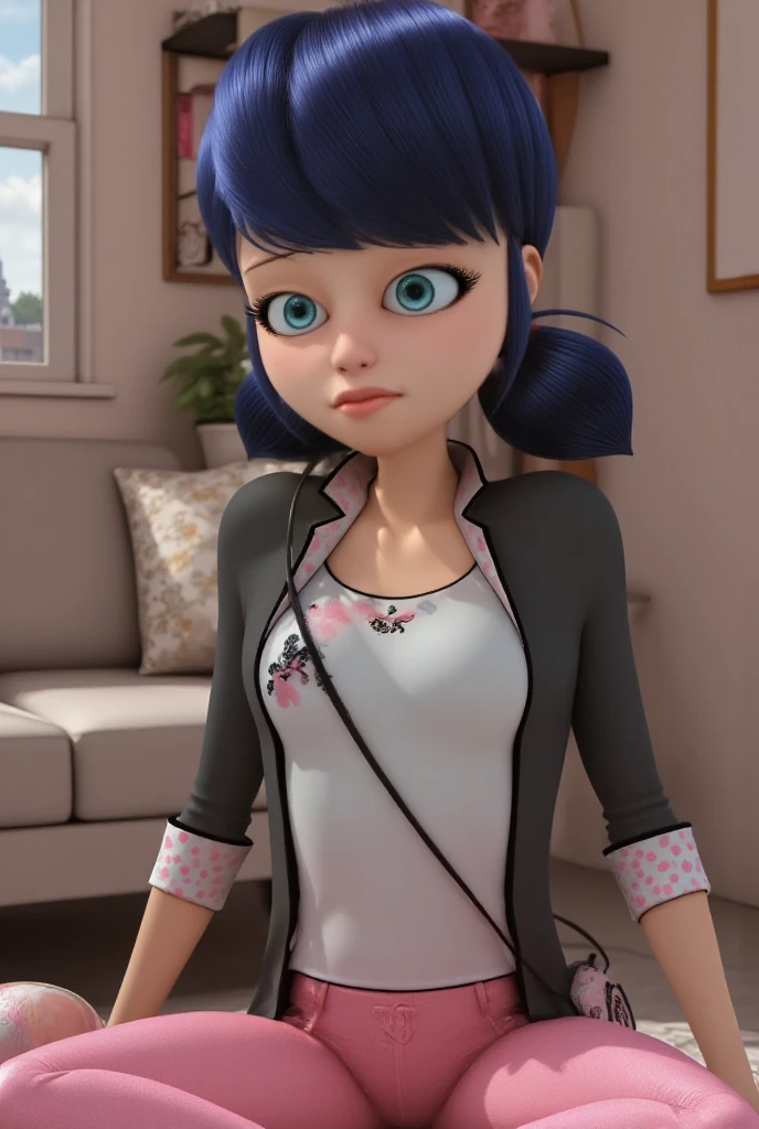 (8k, RAW photo, best quality, masterpiece:1.2), (intricate details), highres, nsfw, perfect eyes, perfect face, perfect lighting, beautiful, (masterpiece:1.2), (best quality:1.2), masterpiece, best quality, 1girl, solo, black hair with grey strand in long single braid, Marinette in a slightly ripped dress with knee-high boots