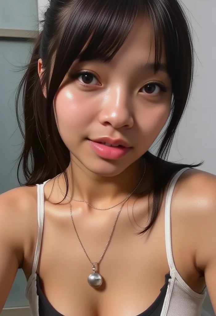masterpiece, tanned skin, sweat, precise drawing, 8k, big eyes, long eyelashes, summer, looking here, smile, delicate, slim,skiny, skinny, thin, black hair, shot with slr, looking fun, tanned skin, cute, long eyelashes, slim, delicate, skinny, realistic, live-action, shot with slr, 8k, sweat, summer, realistic skin, big eyes, looking here, double, best quality, detailed eyes, cinematic lighting, dark hair, looking fun, smile, selfie, aside, resort, detailed face, focus on face, collarbone