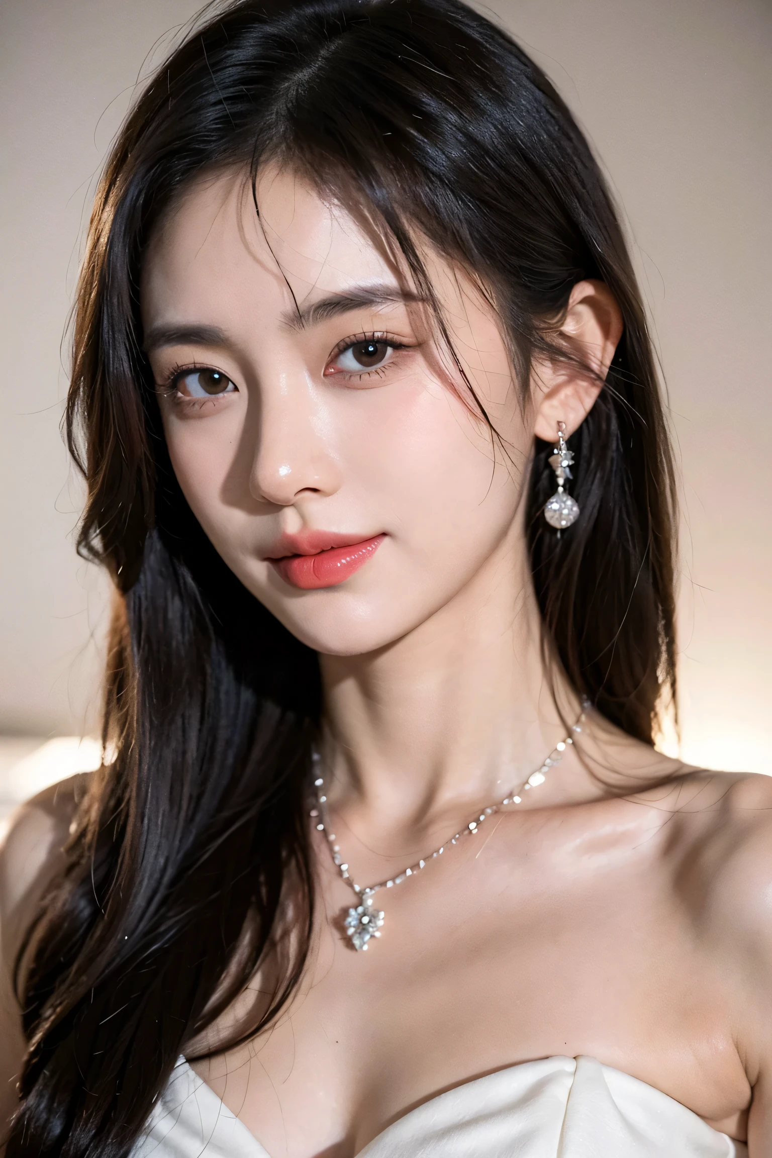 (Canon RF85mm f/1.2), (8K, RAW photos, best quality), (masterpiece), (actual, photograph actual), (Very detailed, High Detail, Best image quality, Super detailed, high resolution, Very detailed, Very detailed的描述, Ultra-fine, Extremely exquisite and beautiful work), Beautiful and delicate girl, Solo Girl, ((Perfect body)), Very detailed eyes and face, White skin, Noble beauty, ((The skin texture is delicate, Pores)), Perfect anatomical structure, Beautiful body, Delicate face, Slim abs, Slim waist), Big Ass, (Large Breasts, Breast enlargement), (Cleavage), (affectionate gaze, soulful eyes, Glowing eyes), (beautiful and clear eyes), (Bounce Curly Messy Long Hair), (Smile:1.2), (fascinated expression), (Attractive appearance), ((Low-cut，Wedding dress，No Sling，Show your shoulders，E cup)), ((Tight)), ((bud)), ((wear glasses)), earrings, necklace, ((night)), ((Street View, moonlight)), Physically Based Rendering, Realistic lighting, (((Upper Body))), ((looking at the audience)), ((Everlasting)), ((Happy and shy))