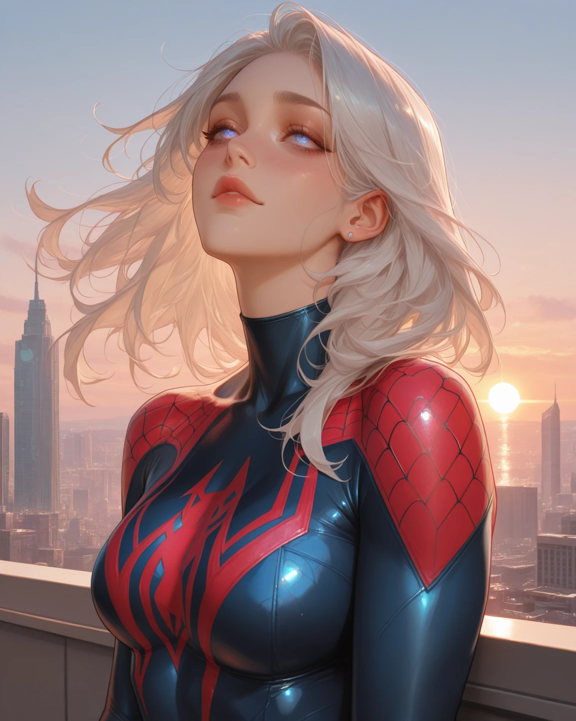 (Masterpiece, 4k resolution, ultra-realistic, very detailed), (White superhero theme, charismatic, there is a girl on top of the city, wearing Spider-Man costume, she is a superhero), [ (( 25 years old), (long white hair:1.2), full body, (blue eyes:1.2), ((Spider-Man pose),show of strength, jumping from one building to another), ((sandy urban environment): 0.8)| (cityscape, at night, dynamic lights), (full moon))] # Explanation: Prompt mainly describes a 4K ultra-high definition painting, very realistic, very detailed. It shows a female superhero on top of the city, wearing a Spider-Man suit. The theme in the painting is a white superhero theme, the female protagonist has long white hair, she is 25 years old, and her whole body is shown in the painting. In terms of portraying the actions of superheroines, spiders are employed