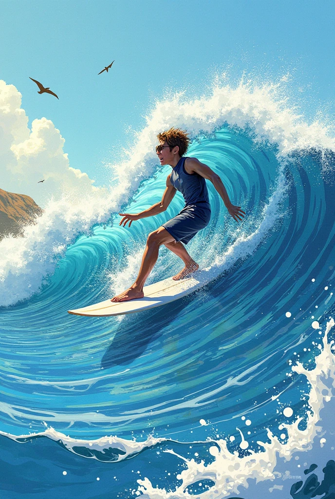 A boy on a tacht surfing in blue ocean with high tides