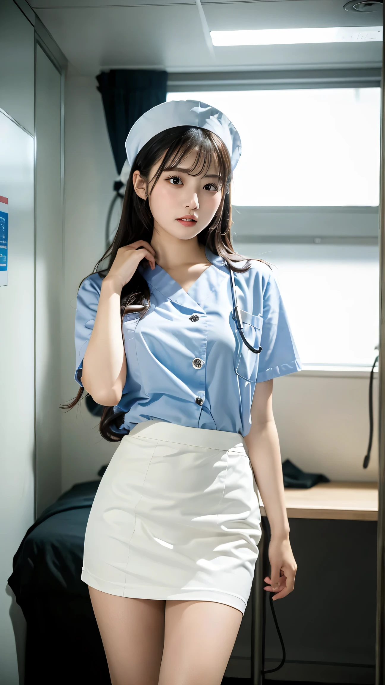 (Close_Up:1.6) Low_Angle (Low_Angle_Shot:1.7), (Long_Skirt:1.3),(flirt:1.4) (Tongue stock_Out:1.3) Infirmary (Nurse_Girl:1.5), (Red_Cross:1.3) (Long_Hair:1.5) (Pink_Hair:1.4) (flat_Bang:1.2) .(syringes:1.5) (face flushed_Cheeks:1.3)Hint at her(is shy:1.2)Natural。(Bandaged_Hands:1.5)completly(wrapped:1.3)In a clean white bandage。(treatment:1.5)Young man in school uniform(pupils:1.5)On the body,Lying on white(hospitals_Bed:1.5)Upp,using(gentle_care:1.5)。Ultra photo realsisim,best qualtiy,tmasterpiece,超高分辨率,(realisticlying:2.0),RAW photogr,Clear focus,hdr,Detailed skins,Wearing a blue nurse's uniform,sensual seduction。