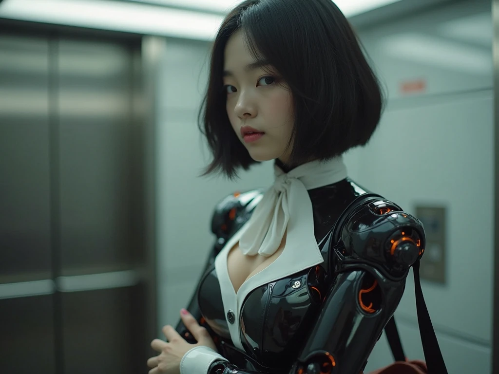 Robot warrior female mechanic, streamlined posture, All black, Emphasizing her mechanical components and combat readiness, She's wearing a tight armored suit, Practical and elegant, The design cleverly combines mechanical and organic elements, Revealing the perfect integration of man and machine, The joints have obvious artificial structure and mobility, Implying that she has excellent flexibility and the ability to adapt to a variety of movements, ((Cyberpunk style)), High-tech city, mechanical strengthening, (High-tech fantasy), , Blade Runner 2049,