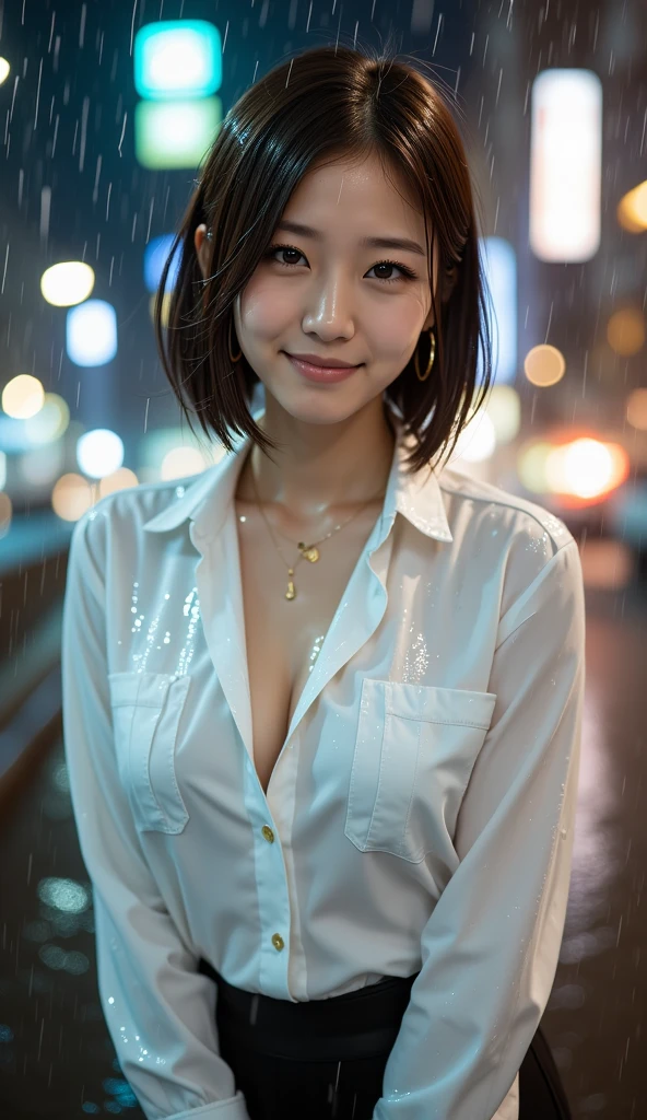 (8k, highest quality, masterpiece:1.2), (Realistic, photo-Realistic:1.37), Very detailed, 1 girl, cute, alone, Beautifully detailed skies, Detailed Cafe, night, Sitting, Date, (Red nose), (smile:1.15), (Mouth closed) Large Breasts, Beautiful fine details, (Collared shirt:1.1), night, Wet, business suit, rain, white lace, (short hair:1.2), Floating Hair NovaFrogStyle, shirt is exposed, The chest is emphasized, Her underwear is slightly visible, The cleavage is visible