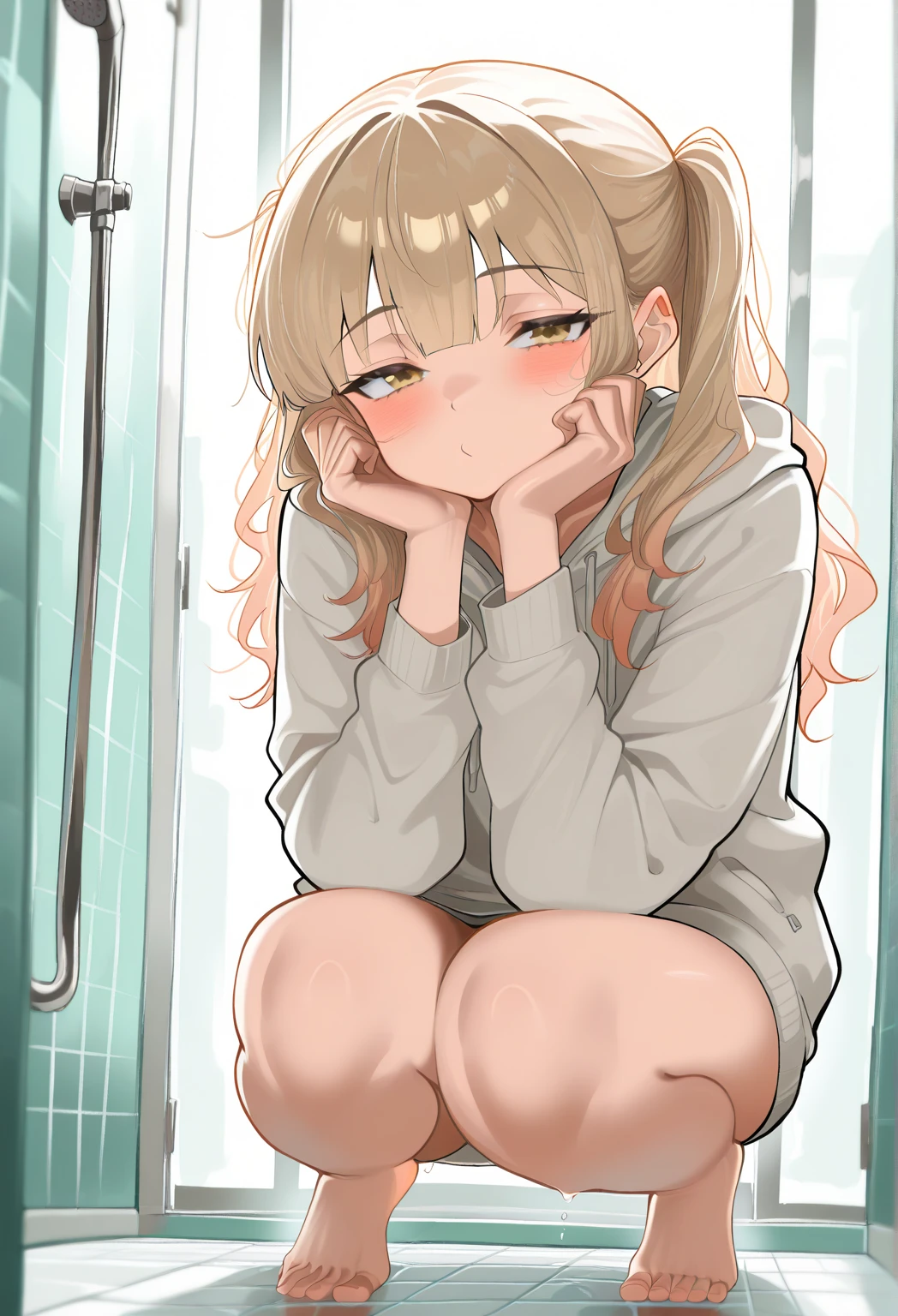 A young girl standing in bathroom, hidden, white underwear, 1girl, indoors, blonde hair, blue eyes, score_9,score_8_up,score_7_up,score_6_up,girl, open eyes, close eyes, open mouth, close mouth, smile,