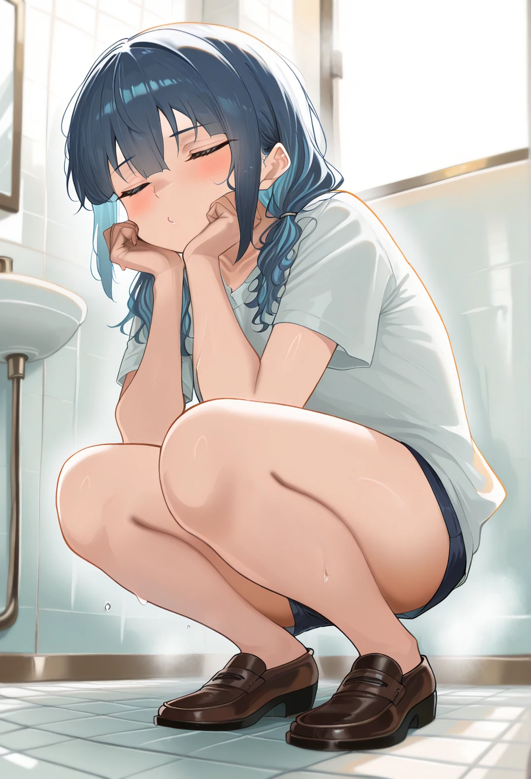 woman, shorts, looking at viewer, ((peeing self)), ((pee stain)), standing <lora:Myfirstlora:0.7>