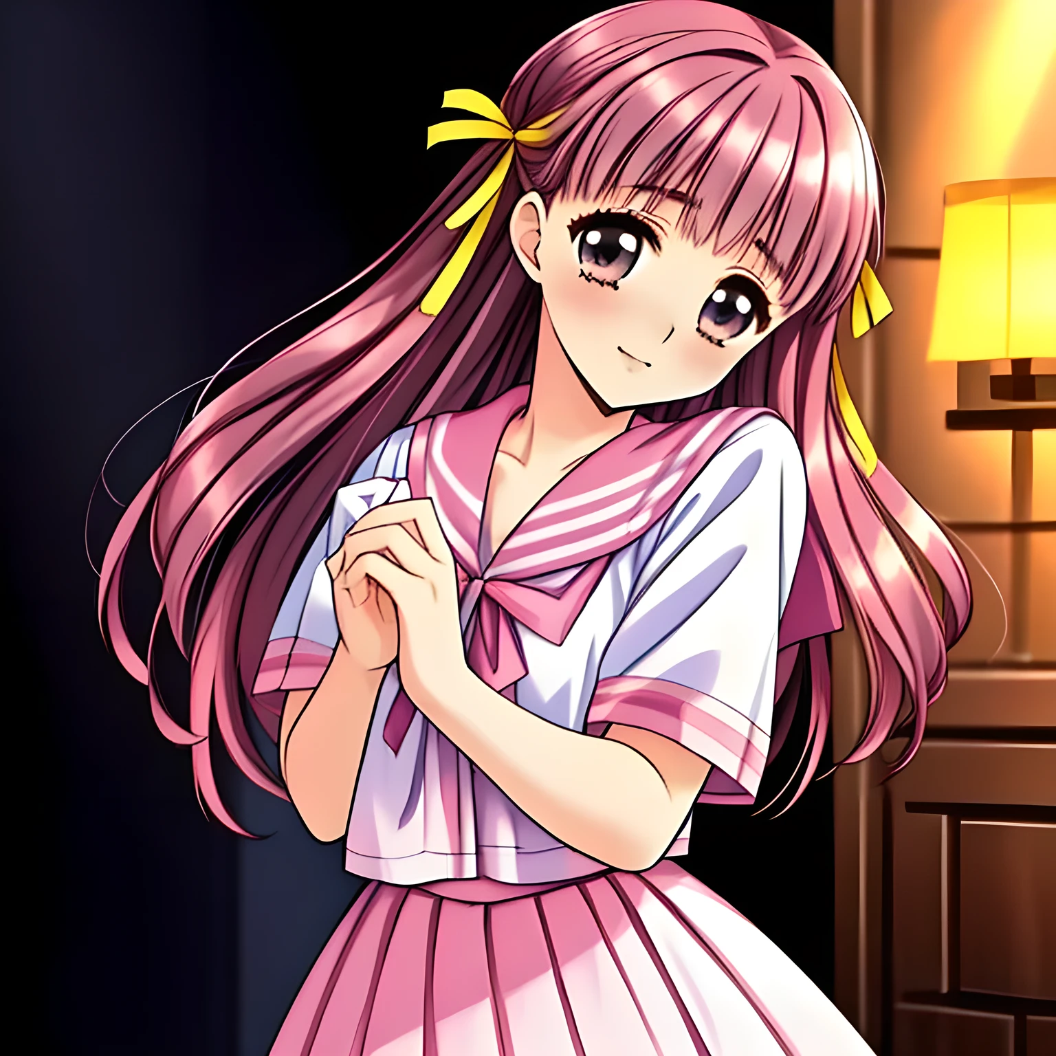 (highest quality, masterpiece:1.5), highest quality, High resolution, 1080p, 8K, (Too beautiful, elder Sakuragi mai, Girl's love-story comic heroine, ((Too much beloved)) noble grown beautiful beautiful lady with detailed is in a darkness: 1.4), (Happy face with unreal beauty: 1.0), ((Neatest (Sakuragi Mai)'s light-pink sailor-style school uniform and skirt: 1.6)), (Too beautiful dreamy eyes charm me), (Nothing background except darkness: 1.8), ((purity and neatness is very impressing): 1.8), (Half body shot: 1.0), (Beautiful blue eyes), (shiny pink super-long wavy hair), (golden ear accessories and pendant), (Diamond rings)