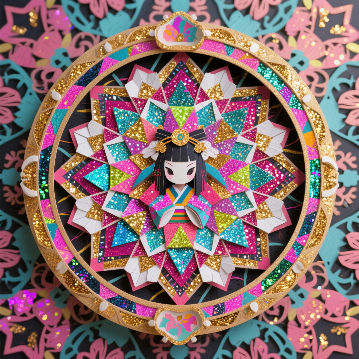 Ring shaped frames (The center is a black cavity.), collage art, patchwork art, A beautiful Shikigami made from Japanese paper, a kaleidoscope made from glittering, colorful fluorescent paint and gold dust, background fusion of paper cutting and printmaking