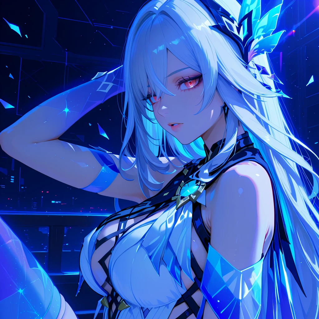 illustration, cinematic light, highres, highest quallity, ultra detailed, detailed face, (detailed eyes), best quality, hyper detailed, masterpiece, (detailed face), clean face, sexy mature woman wears transparent (torn) cloths, floating cloth, see through, choker, open cloths, nsfw, high heels, blue eyes, neon tiny glowing hair ends, dark fantasy forest, glowing plants with neon details, dark magic, (portal:1.15) to the underworld in the background, light reflection, heart shaped iris, playful eyes, open shoulder, rain, (wet body), tiny glowing butterfly, hair jewery