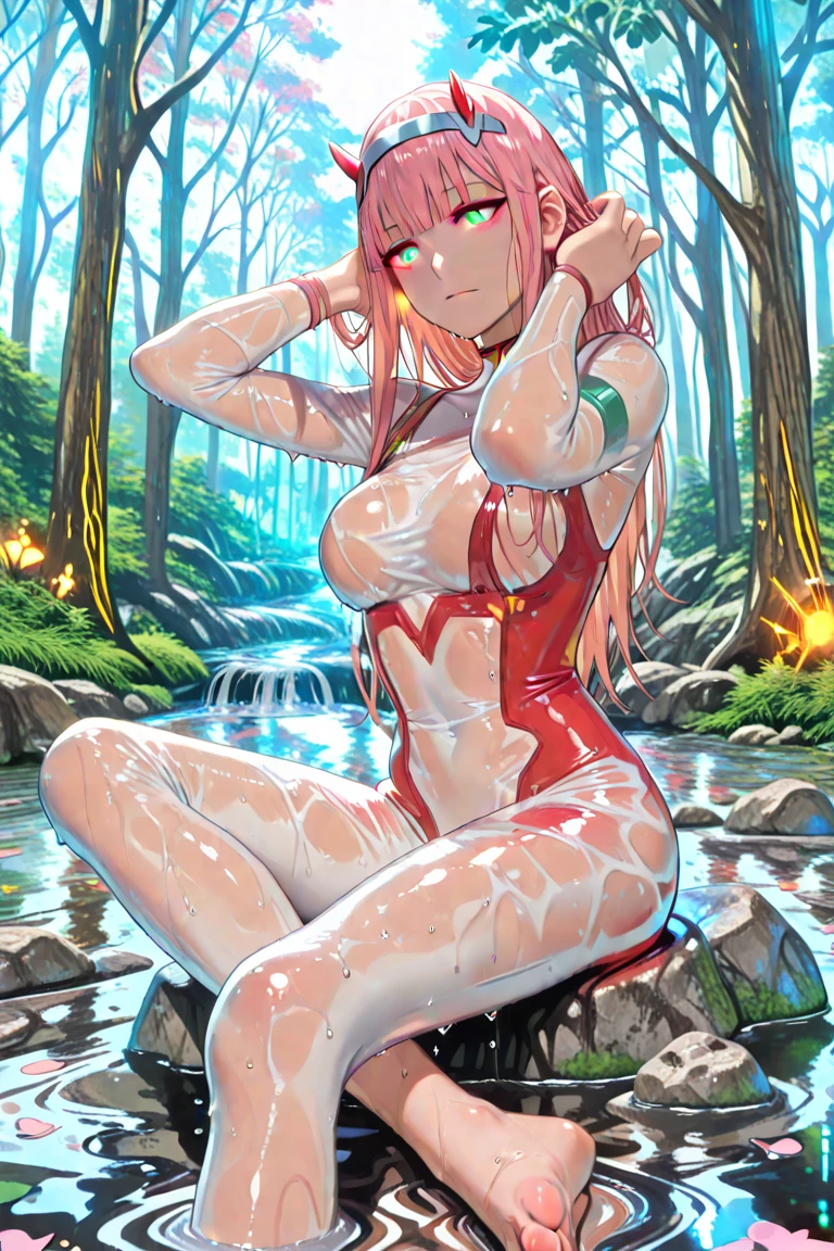 ((1 cyborg woman, bionic arms)),((giant blue breasts, naked breasts, naked pussy, pussy dripping with blue liquid, erect breasts)),((standing with legs wide open in the shape of an m)), ((red hair,red eye)),((a haunted forest, at night)),