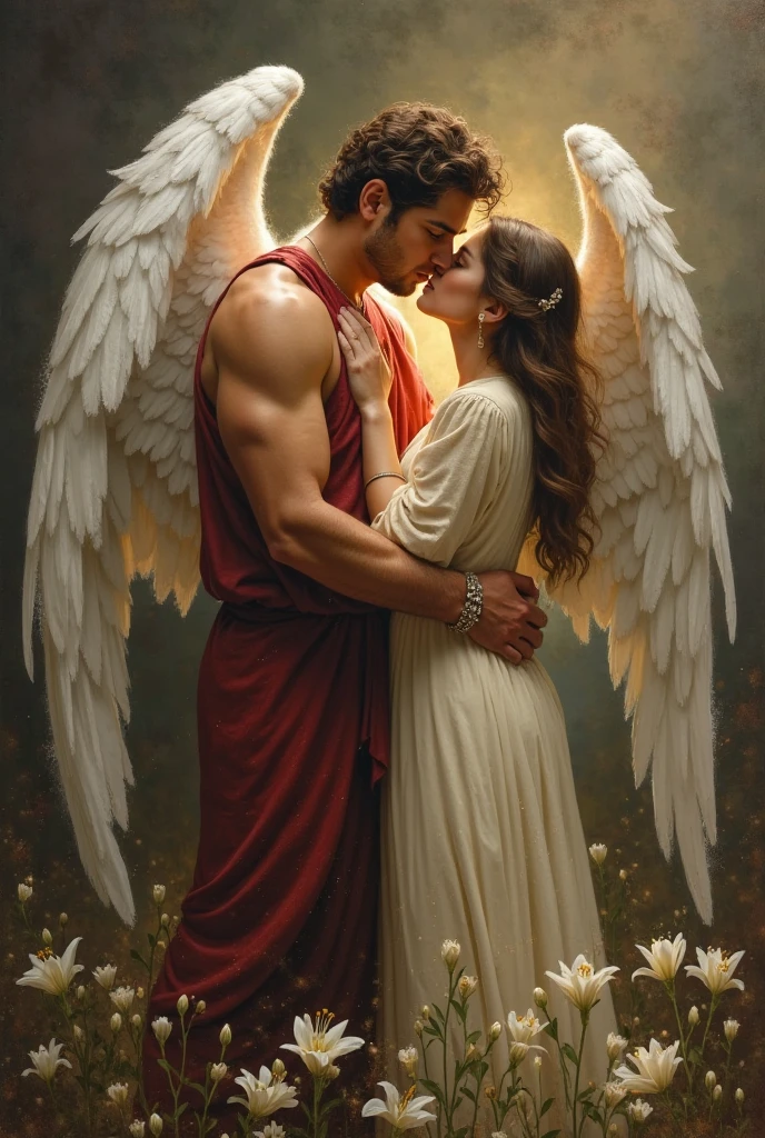 keep the same subject, just change the background, a man and a woman sitting on the clouds, the background is many small soft clouds in the light pink orange sky with scattered feathers, light upside down on the subject, bright light at the end of the horizon, sunset sun, a couple of lovers, photo from a promotional photo shoot, angel protecting women, woman in red dress, black hair and wearing a laurel wreath, angel with big white wings, angel themed photo, biblical exact god, angel themed, fantasy photography --auto