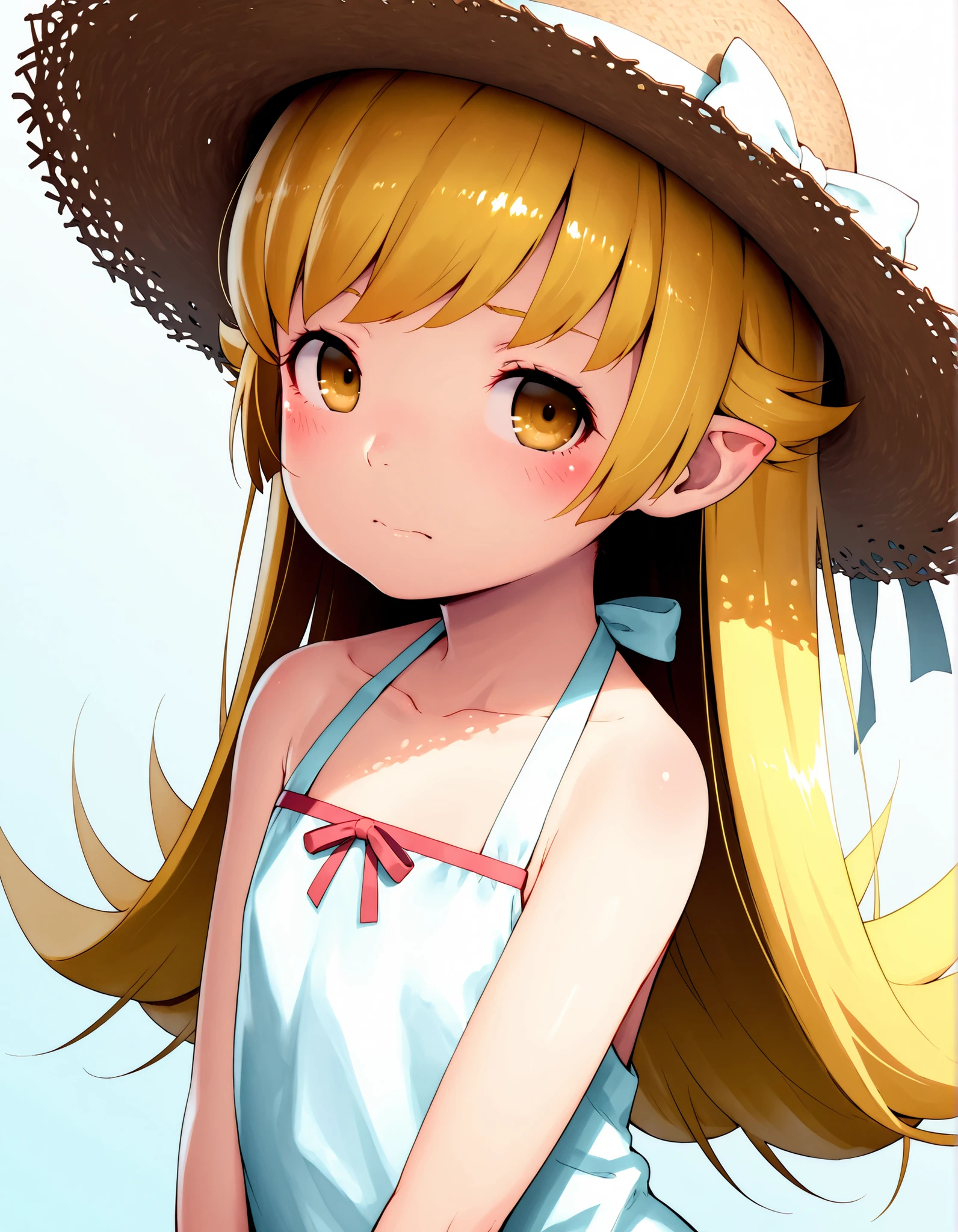 hideousbeing, solo,
hideousbeingStyle, 1girl, bare shoulders, blonde hair, blush, bow, brown eyes, closed mouth, collarbone, dress, hat, hat bow, hat ornament, long hair, looking at viewer, monogatari (series), oshino shinobu, pointy ears, red bow, sleeveless, sleeveless dress, straw hat, sun hat, sundress, white bow, white dress
